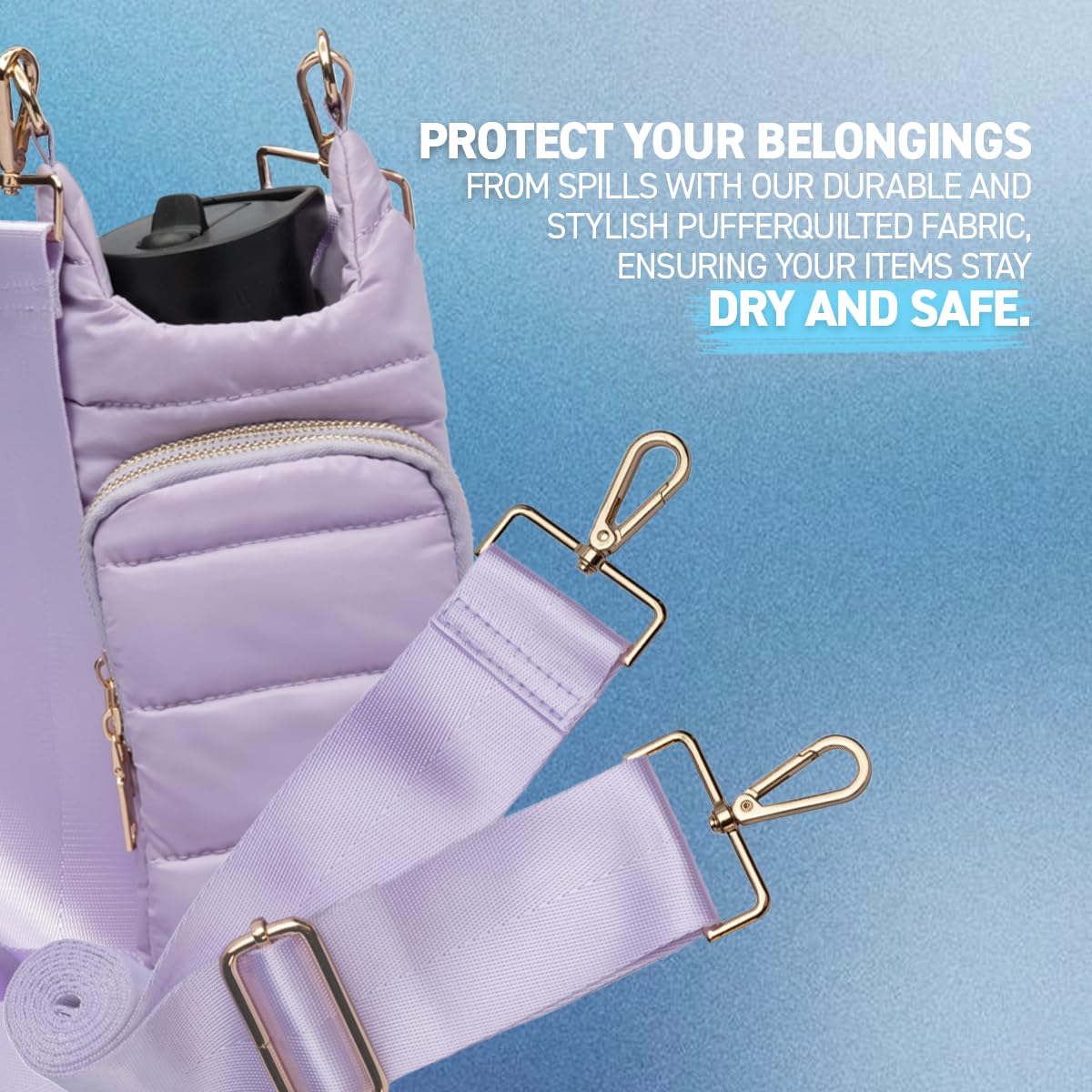 WanderFull Original Crossbody HydroBag | Quilted Water Bottle Carrier & Adjustable Strap | Puffer Tote with Two Pockets for Phone & Accessories | Carry Travel Essentials (Lavender)