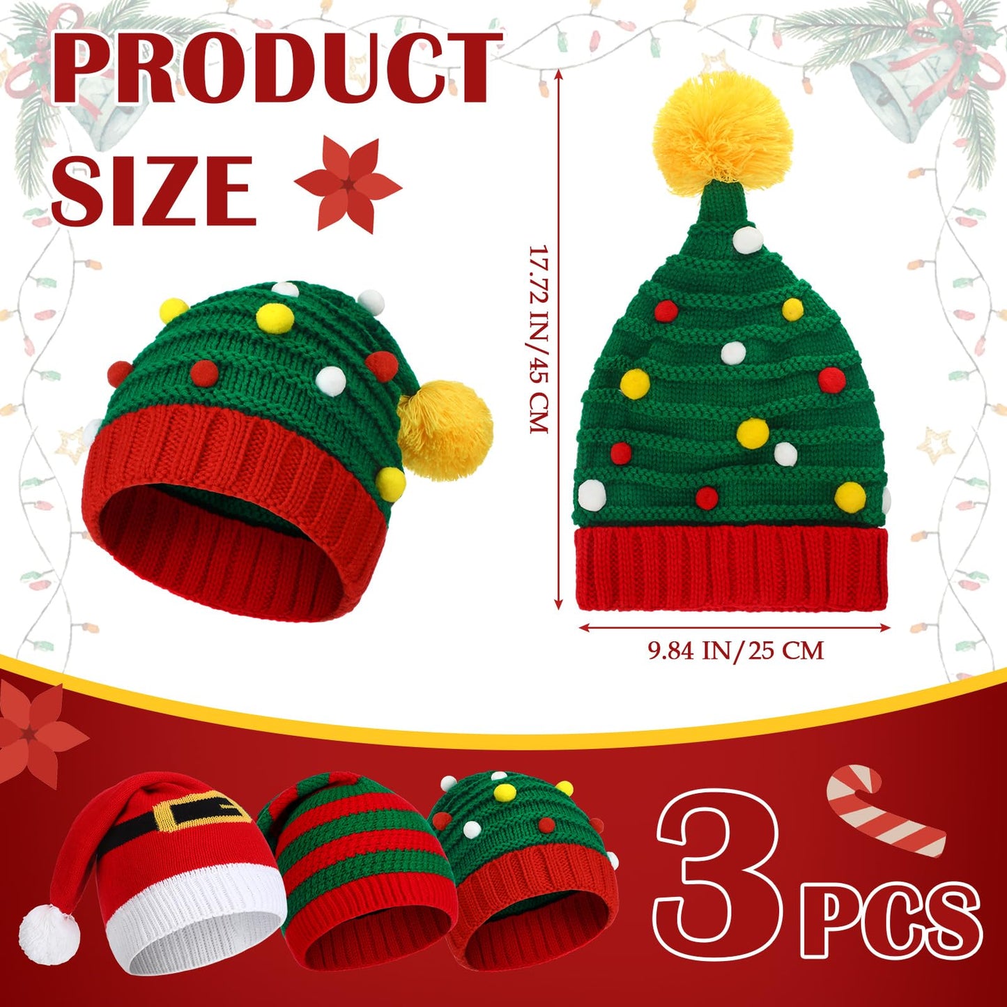 Funtery 3 Pcs Christmas Knitted Santa Hats Elf Hat Crochet Christmas Beanie Xmas Party Caps for Adults Women Men(Mixed Style)