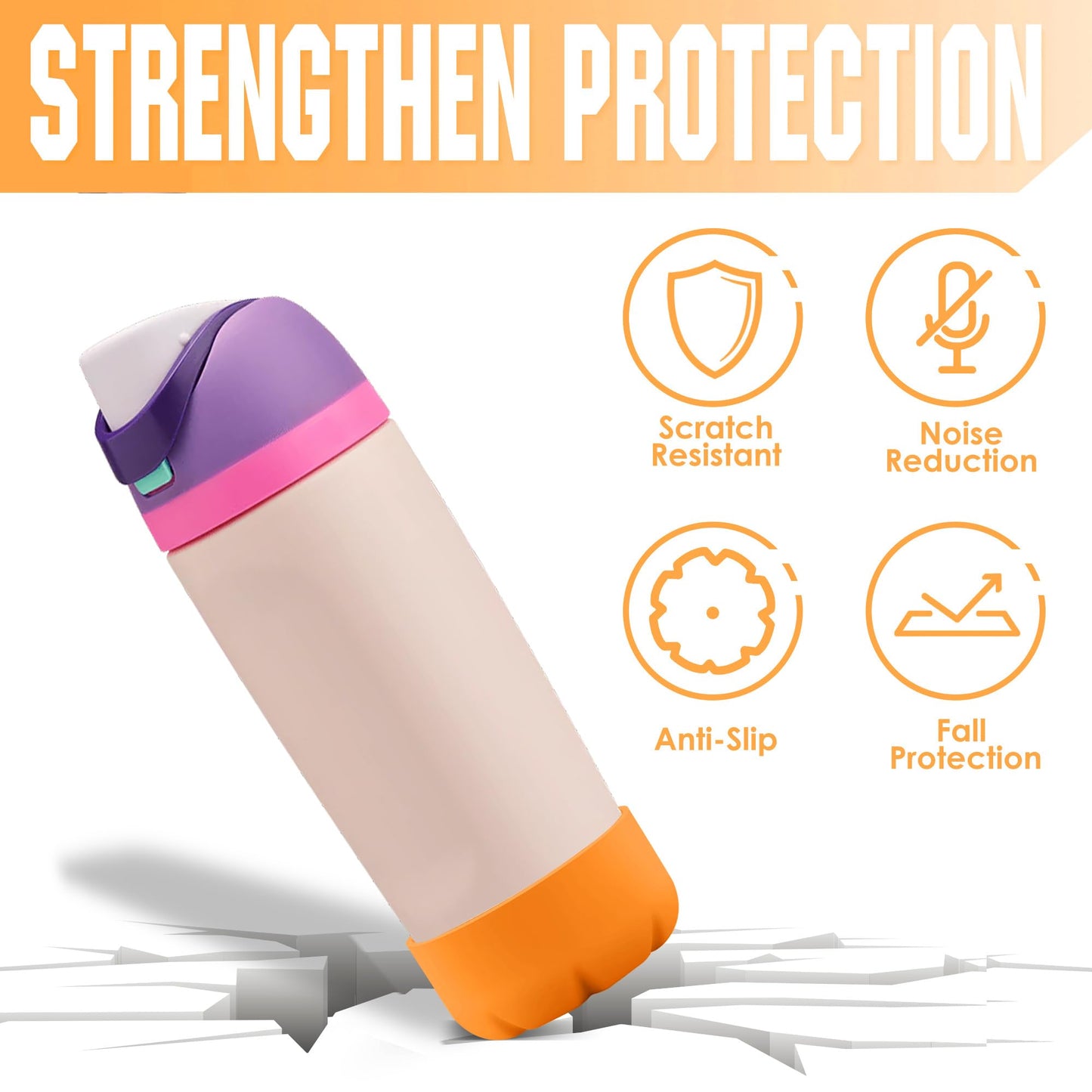 VIKIZUES Silicone Boot Compatible with Owala Kids Water Bottle 14/16 oz & S'well 17oz Water Bottle and More 12/17 oz Stainless Steel Water Bottles, Anti-Slip Bottom Protector Sleeve (Orange)
