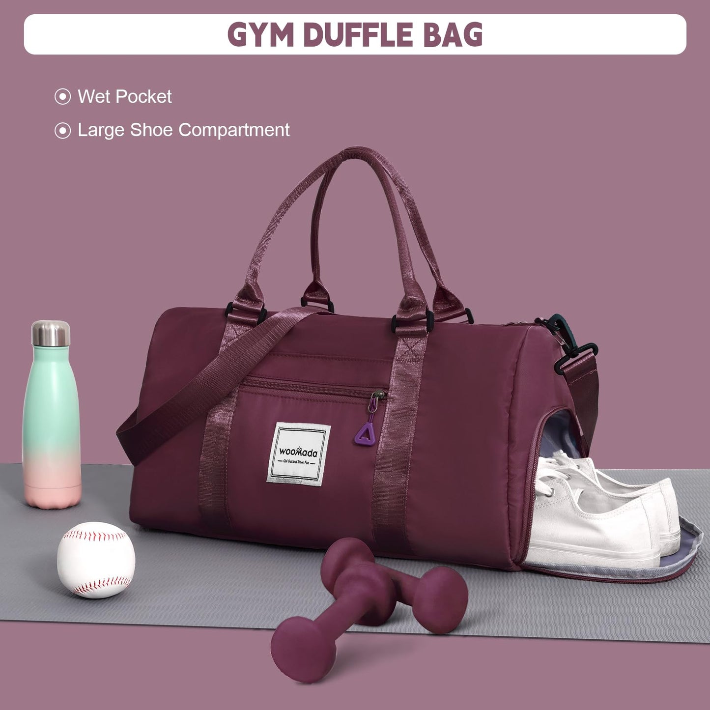 WOOMADA Women's Gym Duffel Bag, Travel Overnight Tote with Shoe Compartment, Large Wet Pocket & Trolley Sleeve, Ideal for Travel, Workout, Sport(Purple)