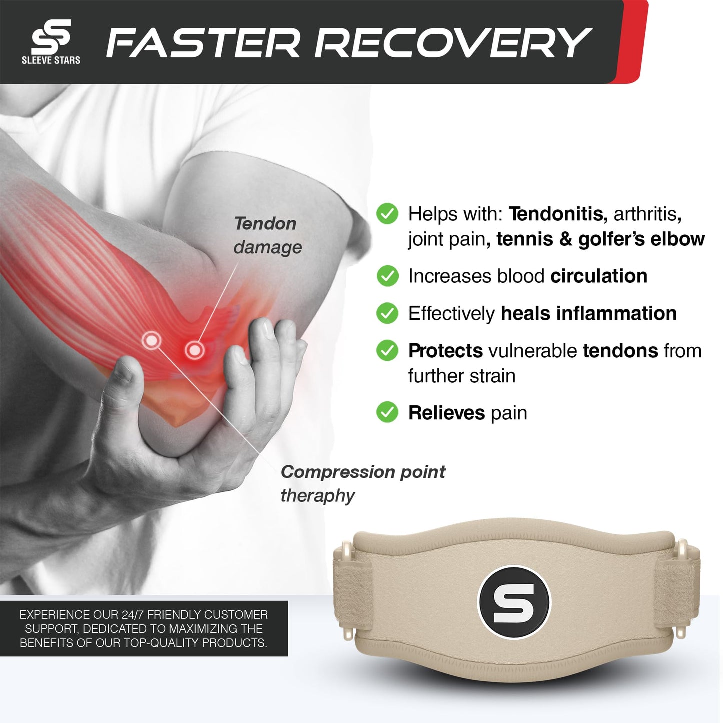 Sleeve Stars Tennis Elbow Brace for Men & Women, Tendonitis Elbow Brace & Strap Golfers Elbow Brace Counterforce Band for Tendon Pain Relief & Support for Forearm w/ 3 Straps Fits 9-23" (Single/Beige)