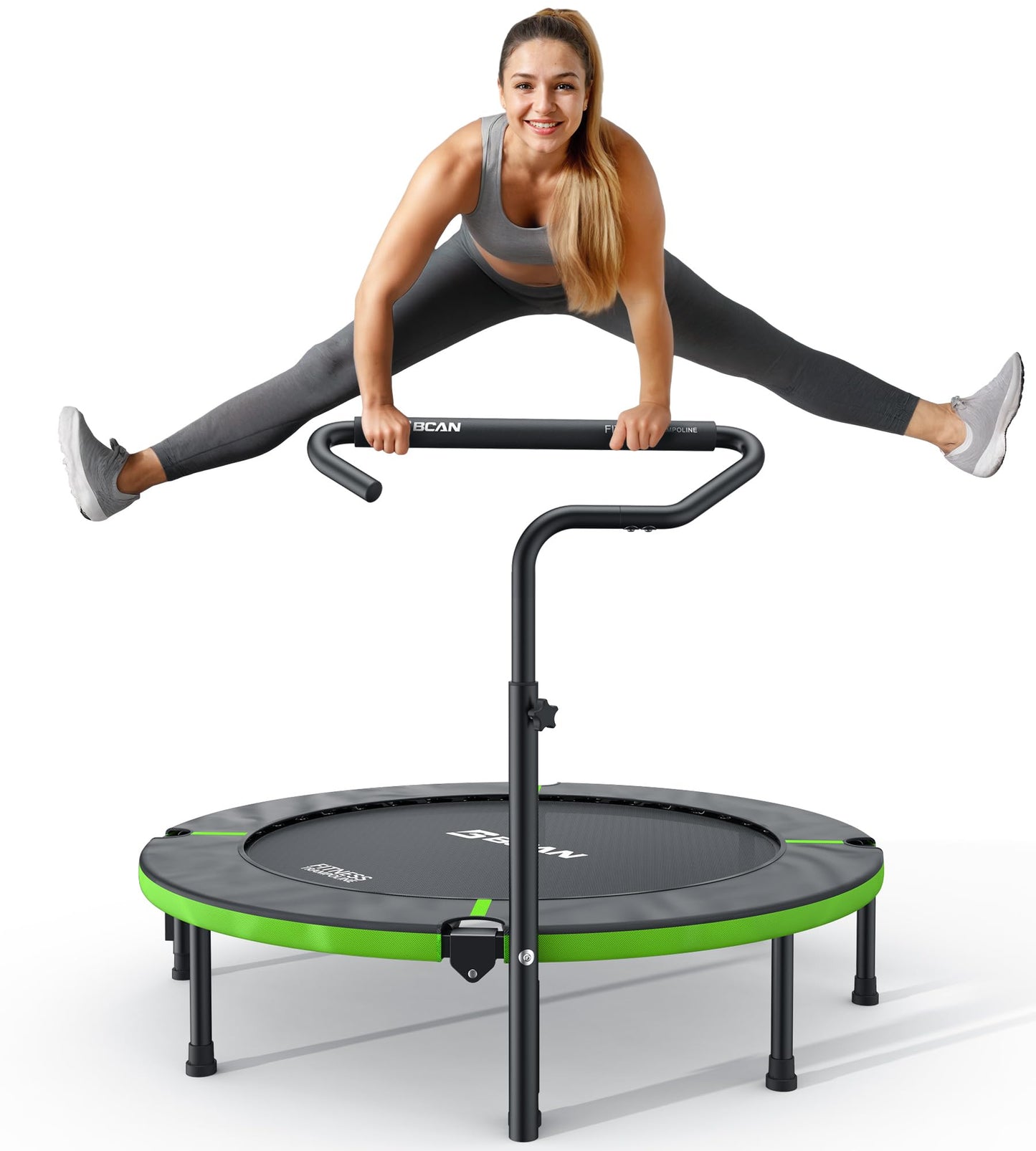 BCAN 40"/48" Foldable Mini Trampoline, Rebounder Trampoline for Adults, U/T Shape Adjustable Foam Handle, Exercise Rebounder for Kids Adults Indoor/Garden Workout, Max Load 330lbs/440lbs