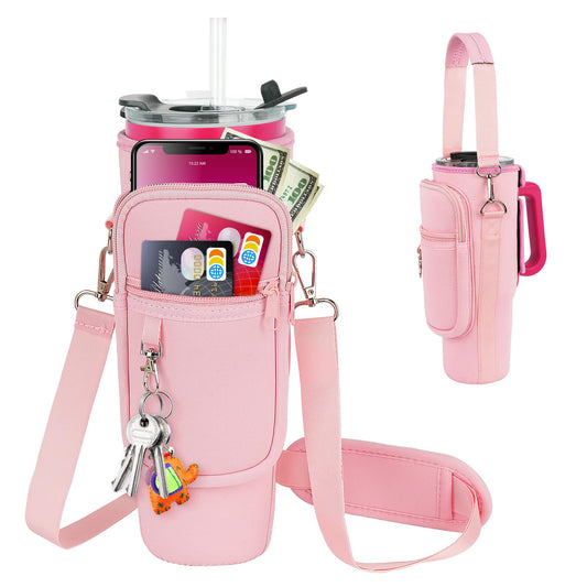 Water Bottle Carrier Bag with Phone Pocket Compatible with Stanley/Meoky 40 oz Tumbler with Handle,Neoprene Water Bottle Holder Pouch with Adjustable Strap Compatible with Stanley Cup Accessories,Pink