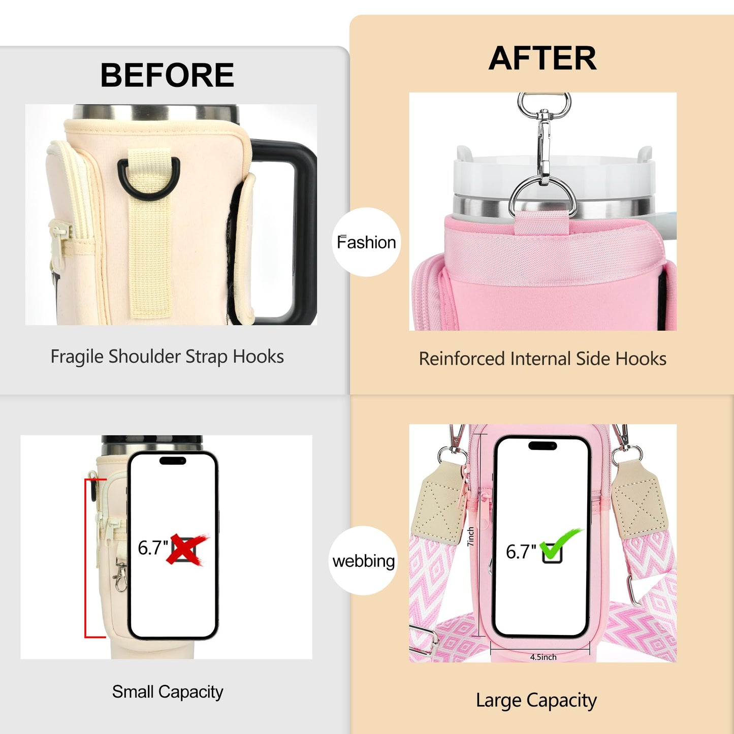 LOKASS Initial Water Bottle Holder with Upgrade Canvas Strap for Stanley 30 oz Tumbler, Gift for Mom Mother's Day Day gifts with Phone Pocket, Personalized Accessories for Stanley Cup, Pink - S