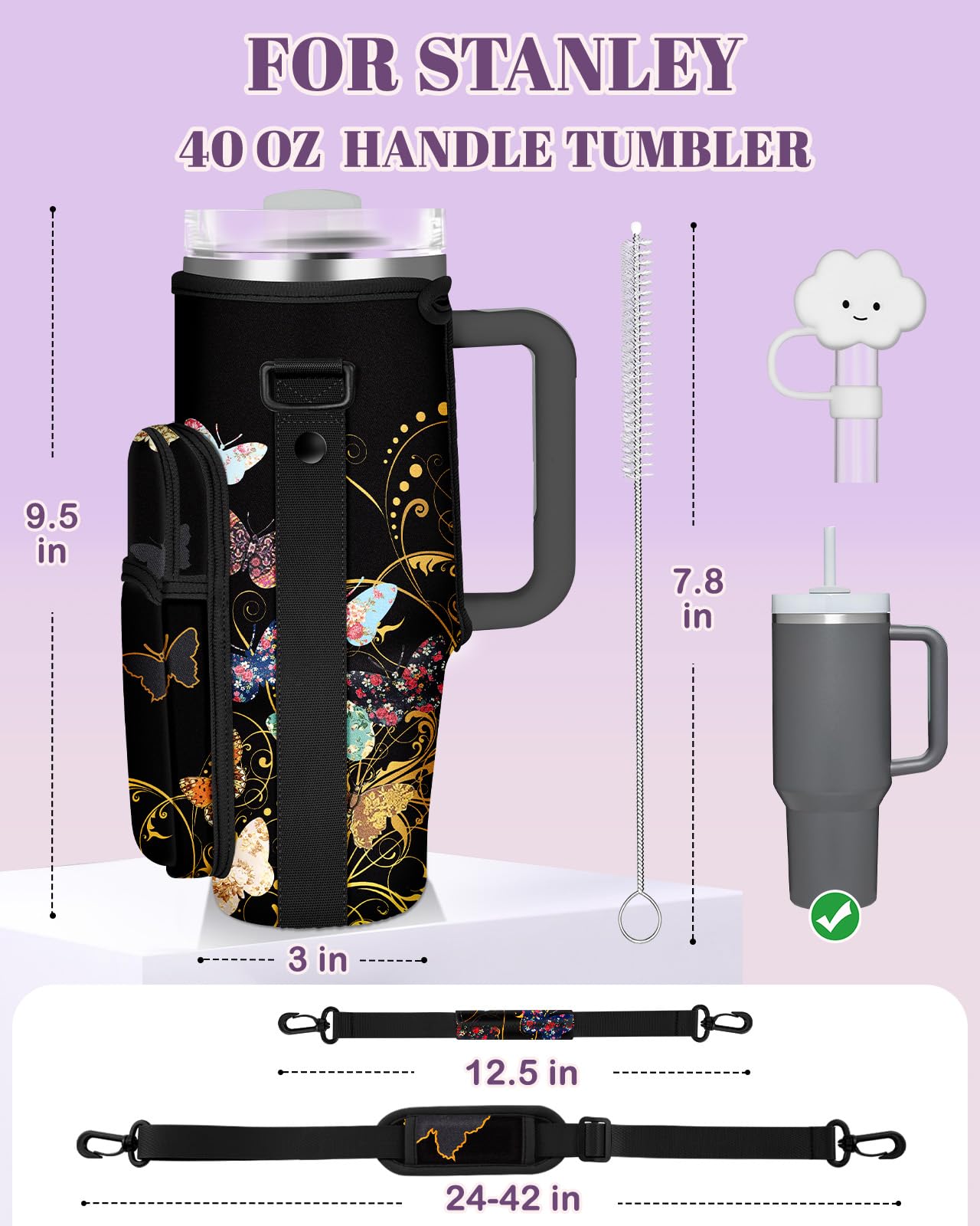 Toykee Water Bottle Holder Carrier Bag for Stanley 40 OZ Tumbler with Strap Phone Pocket, Wrap Around Drink Cup Purse Pouch with Straw Cover Cleaner Brush Accessories Colors Butterfly Print