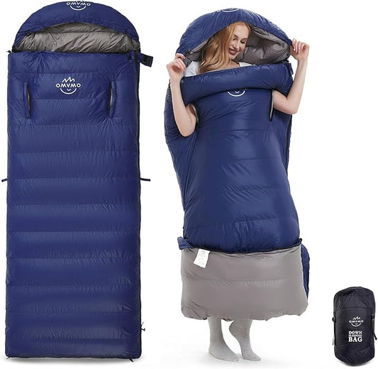 0-20 Degrees F Down Sleeping Bag for Adults - 4 Season Envelope With Arm Holes, Wearable for Backpacking Camping - Ultralight, Compact, Move Freely While Wearing
