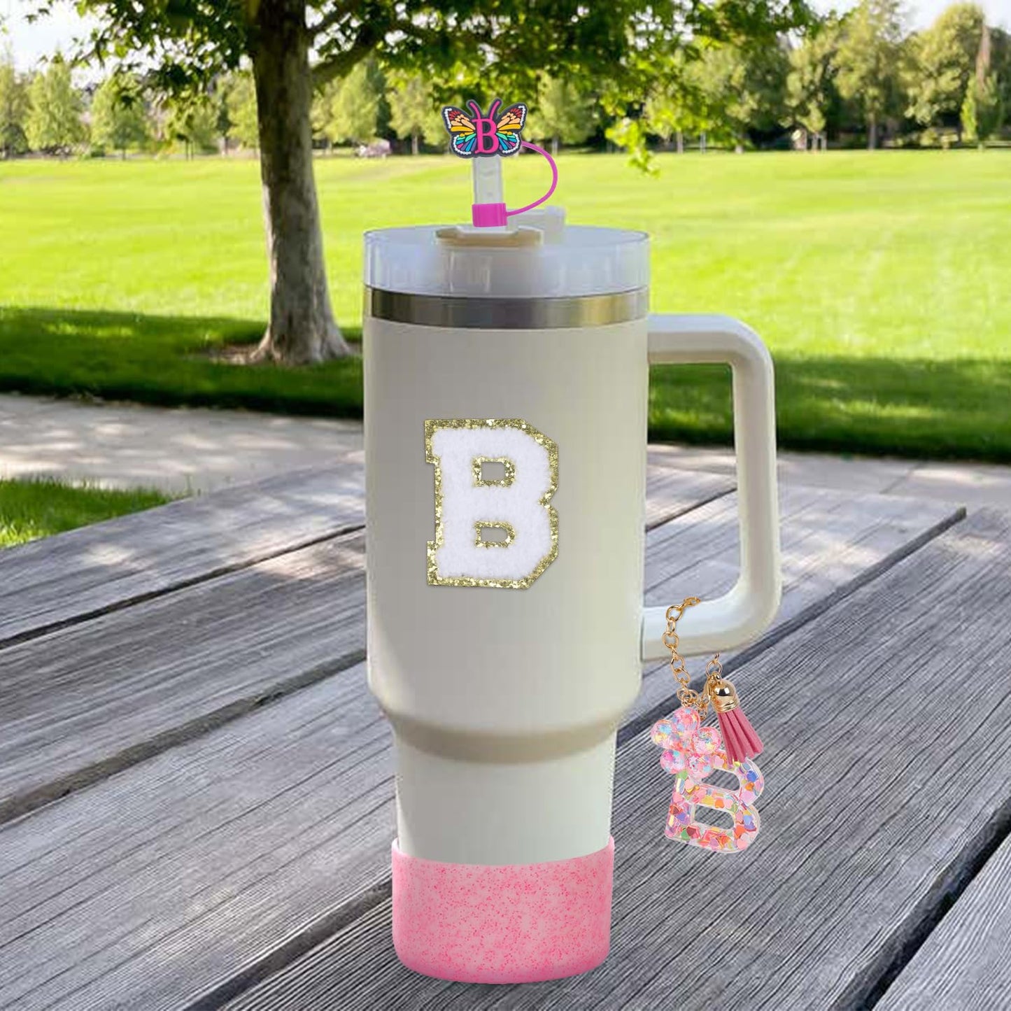 LA KEN DU Use for Stanley Cup Accessories Charms 40oz 30oz,Compatible with Stanley Cup Letter Charms for Handle Silicone Boot,Straw Cover Topper & Sticker(B)