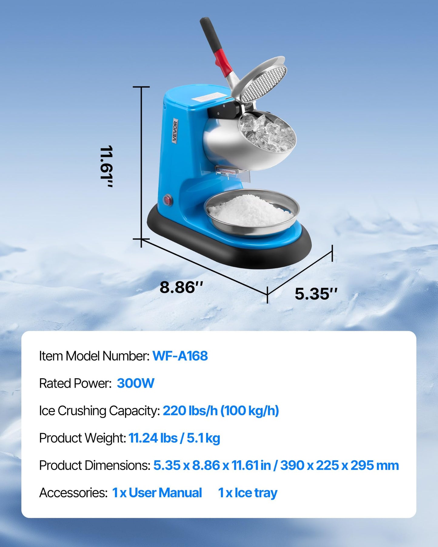 VEVOR Ice Crusher Machine, 220lbs Per Hour Electric 4 Blades Snow Cone Maker, Stainless Steel Shaved Ice Machine with Bowl and Cover, 300W 1400RPM Ice-Shaver for Home and Commercial Use, Blue