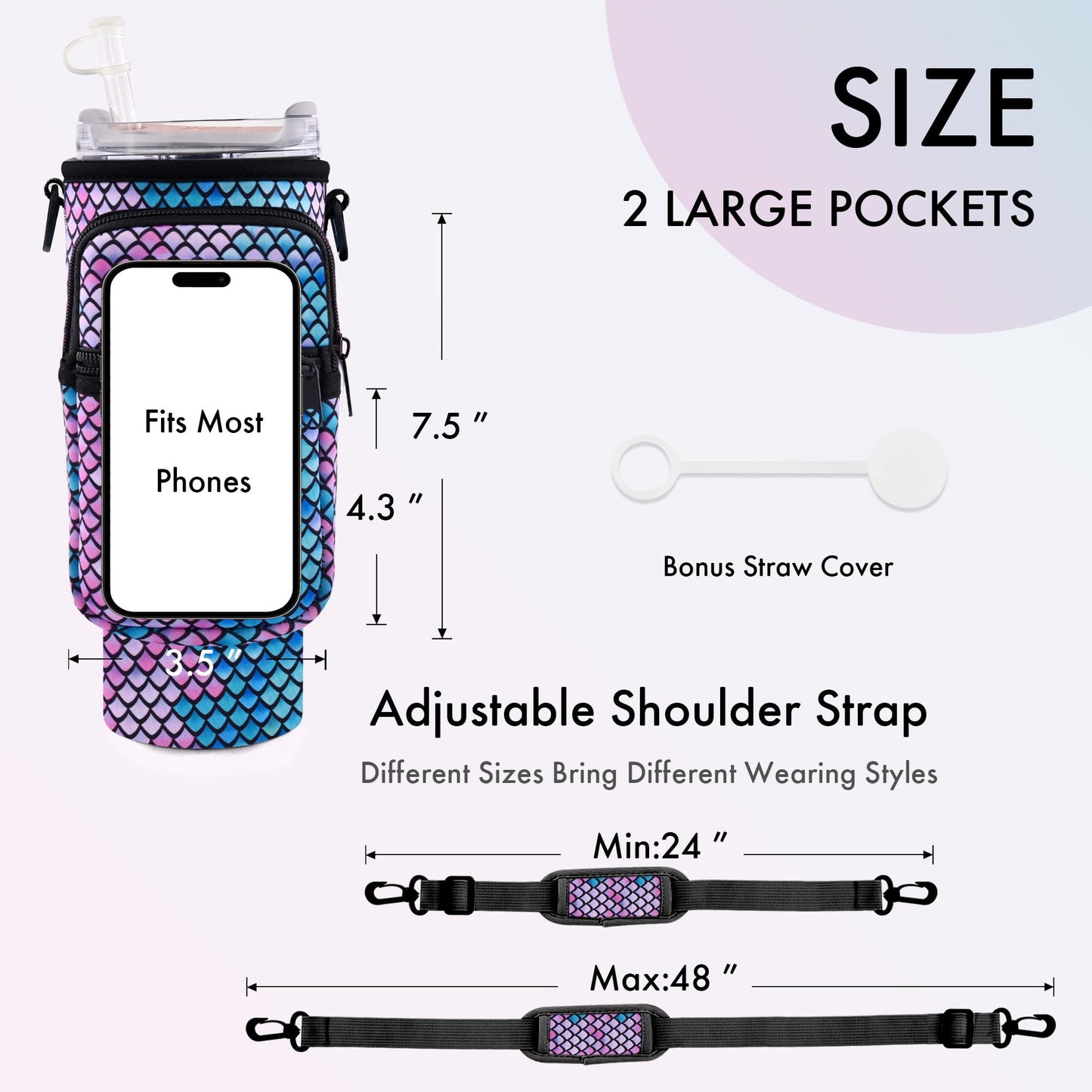 JEBEALUO Water Bottle Carrier Bag with Phone Pocket for Stanley Cup 40/30 oz, Water Bottle Holder with Adjustable Strap& Straw Cover, Stanley Cup Accessories (Mermaid)
