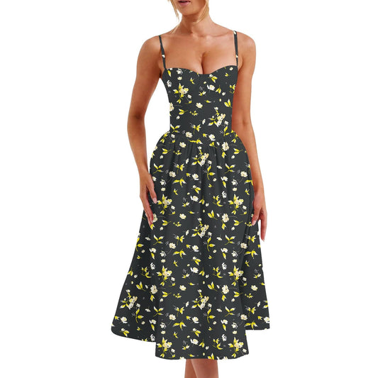 Elegant Cocktail Dresses for Women Summer Spaghetti Strap Bustier Midi Dresses Flowy Pleated Hem Low Cut Sundress with Pockets Womens Corset Dress Formal Mother of The Bride Dresses for Wedding