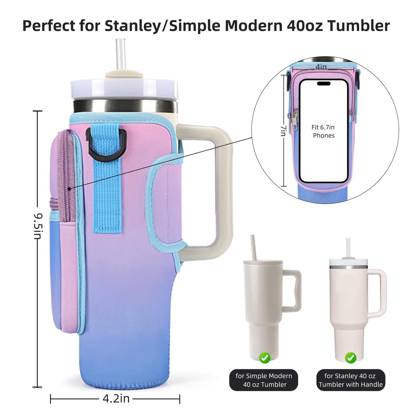 GOEWY Water Bottle Carrier Bag for Stanley 40oz Tumbler with Phone Pocket Water Bottle Holder with Strap Neoprene Water Bottle Pouch for Stanley Cup Accessories