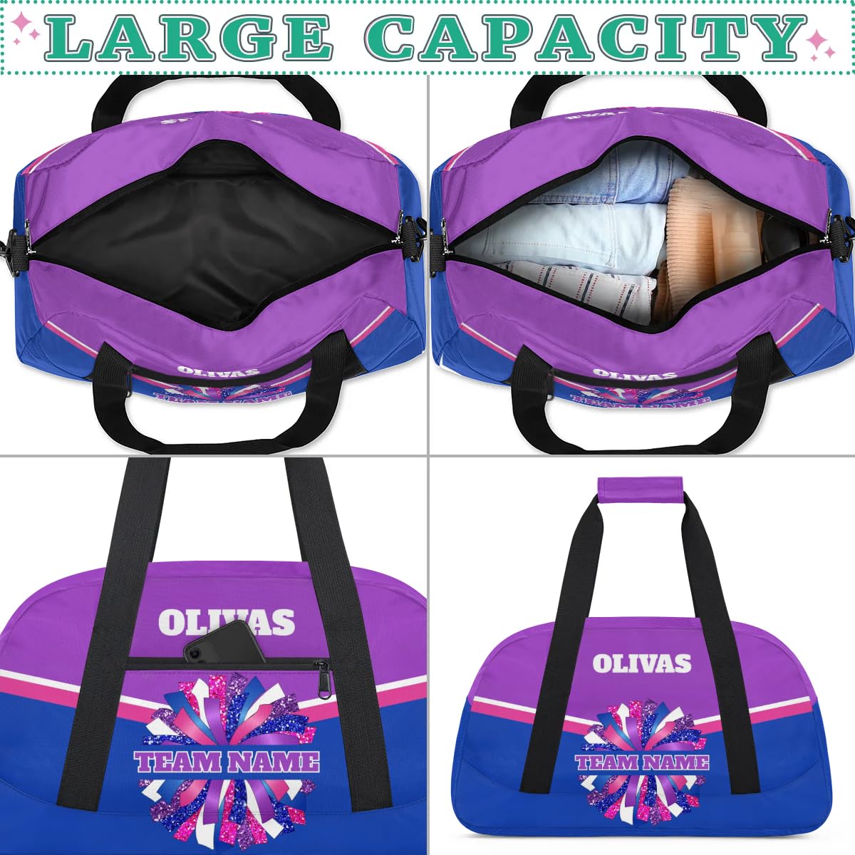 Personalized Cheerleader Bag Dance Bag for Girl, Custom Team Bag Gym Bag Sport Duffel Bag, Weekender Bags Travel Bag for Cheer Team Blue Pink Purple Glam