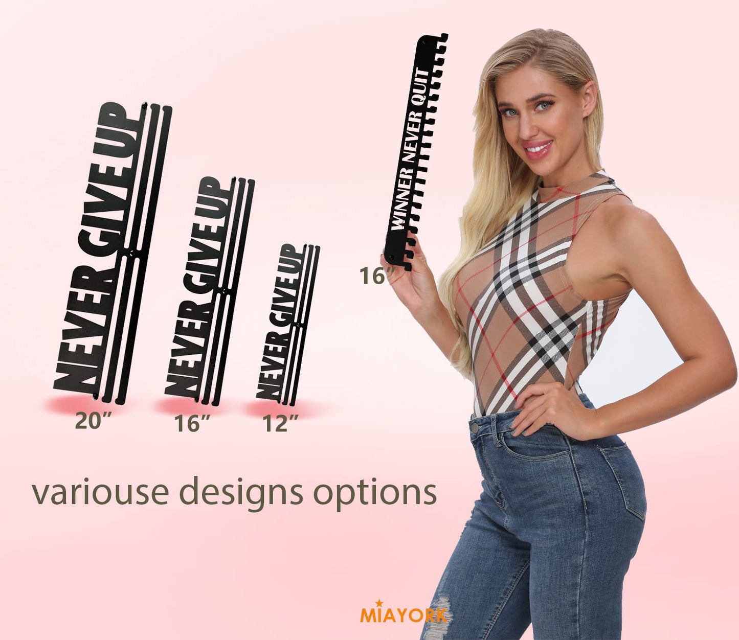 Miayork Medal Holder Display Hanger Race Rack Ribbon Wall Frame with 20 Hanging Hooks Easy Use Easy Install-Run Wrestling Kids Swim Cheer Medal Holder Display Rack in Black Effect-WINNER NEVER QUIT