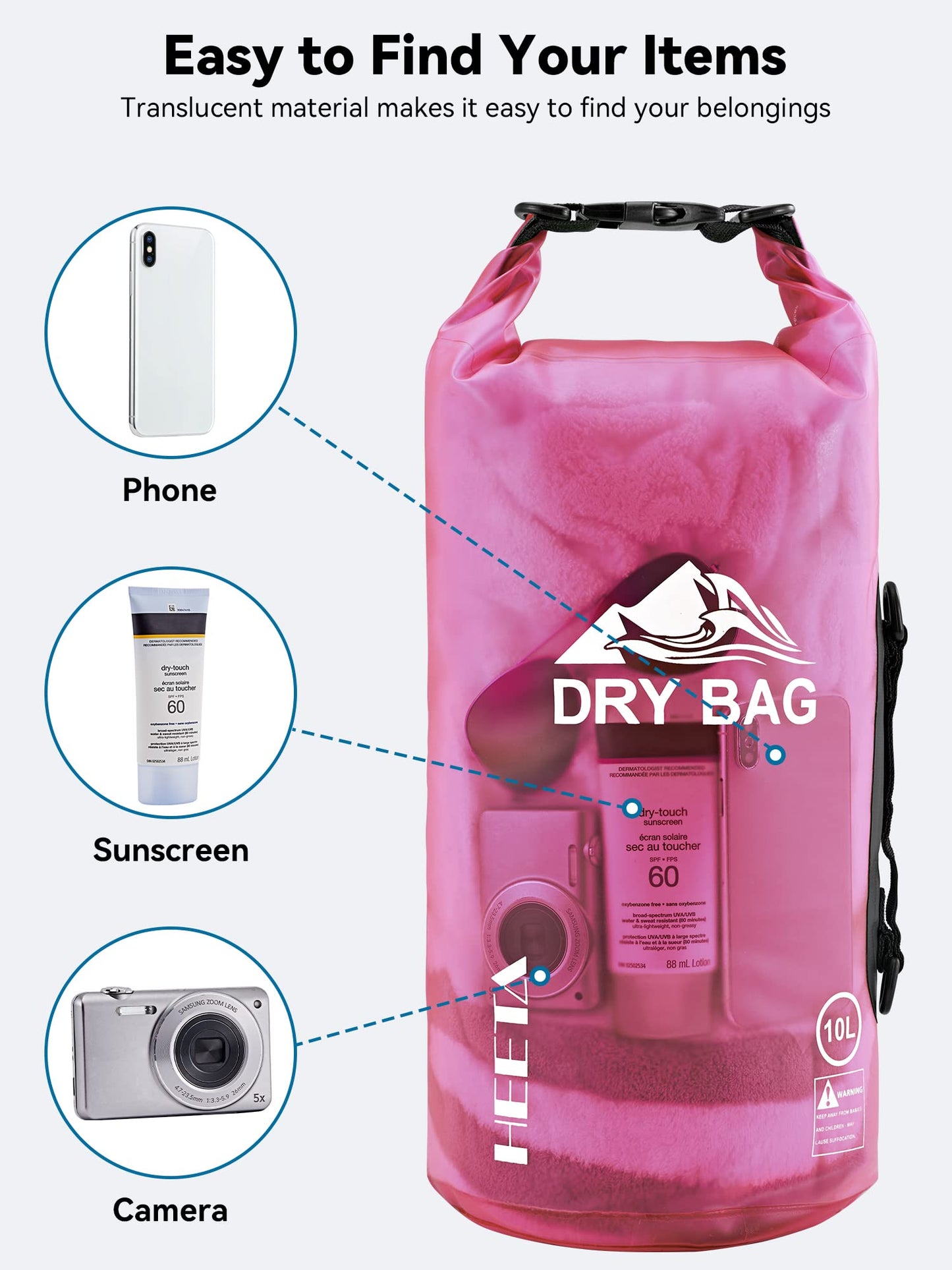 HEETA Waterproof Dry Bag for Women Men, Roll Top Lightweight Dry Storage Bag Backpack with Phone Case for Travel, Swimming, Boating, Kayaking, Camping and Beach, Transparent Rose Red 5L