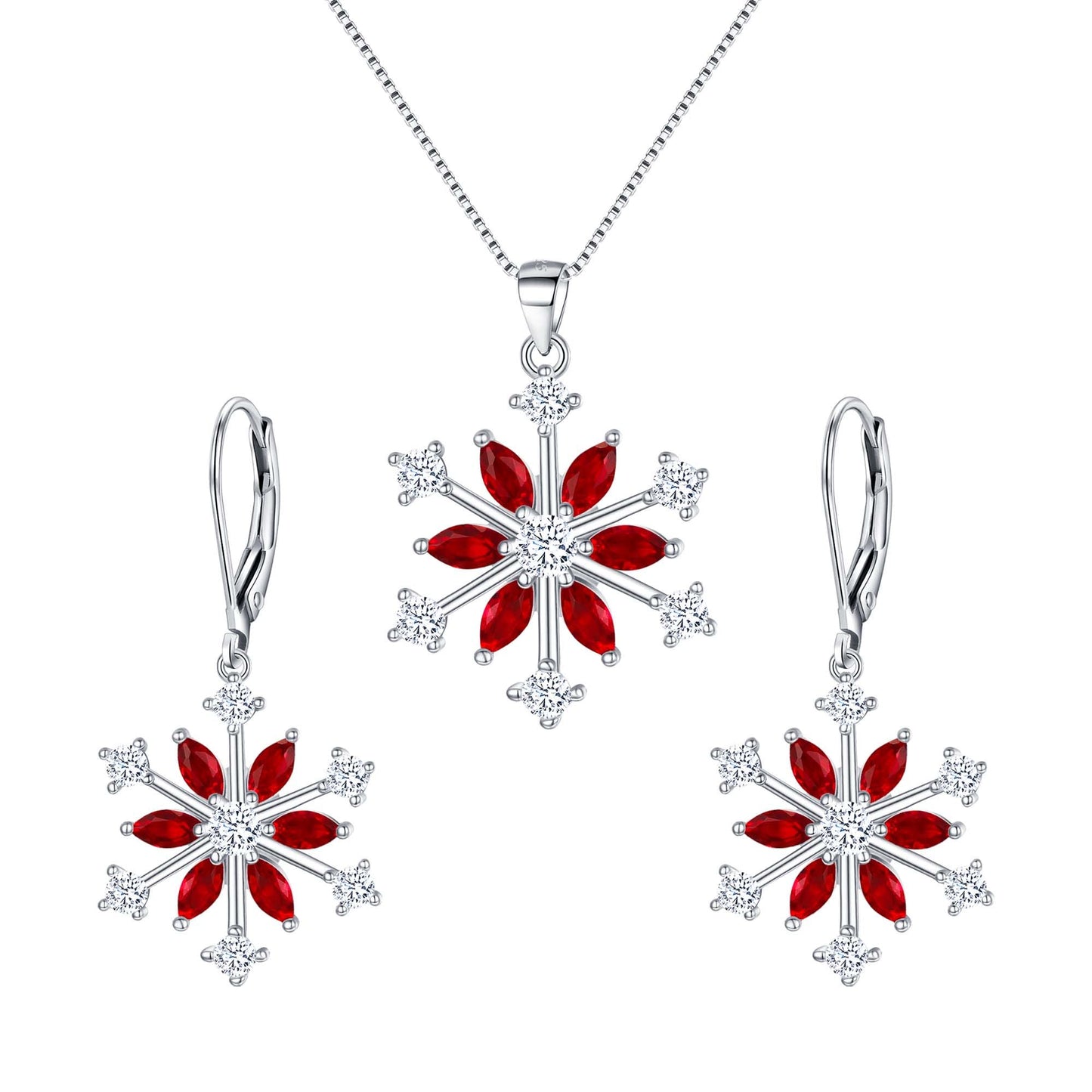 EVER FAITH Snowflake Jewerly Set 925 Sterling Silver Winter Accessory Sparkle Red CZ Flower Necklace Leverback Earrings Sets