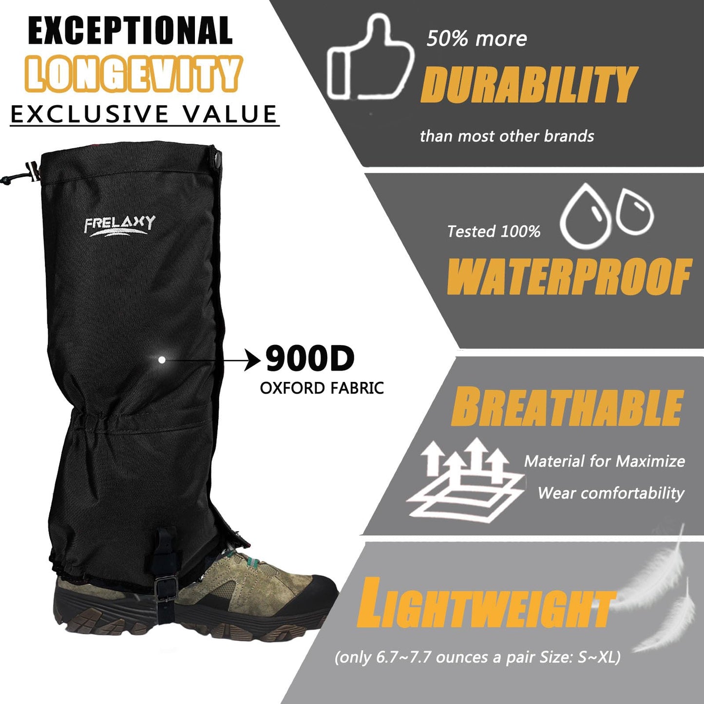 Frelaxy Leg Gaiters Ultra HIGH-Performance Hunting Gaiters, 100% Waterproof Hiking Gaiters with Upgraded Rubber Foot Strap, Adjustable Snow Boot Gaiters (Jet Black,M)