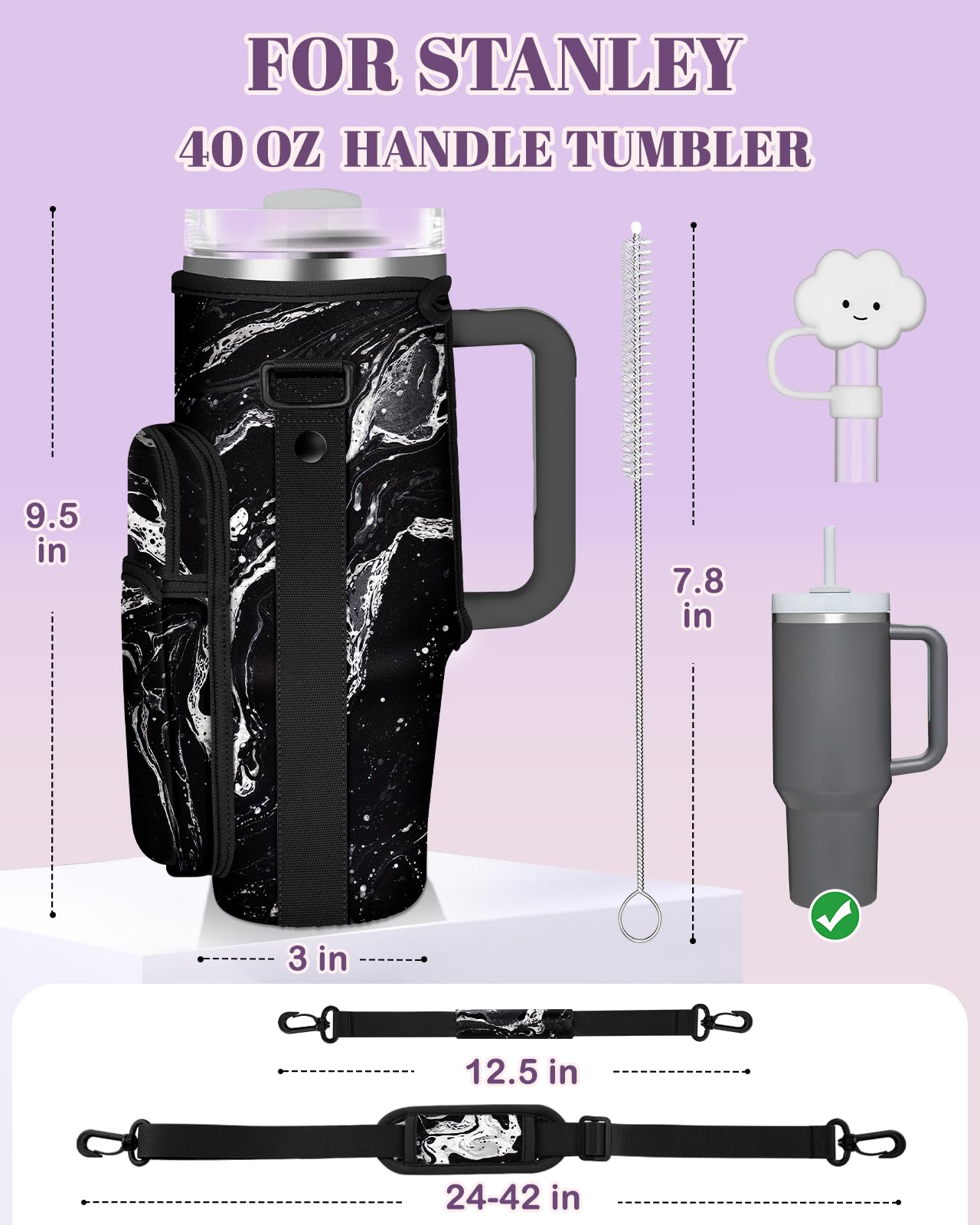 Toykee Water Bottle Holder Carrier Bag for Stanley 40 OZ Tumbler with Strap Phone Pocket, Black Wrap Around Drink Cup Purse Pouch with Straw Cover Cleaner Brush Accessories Marble Print