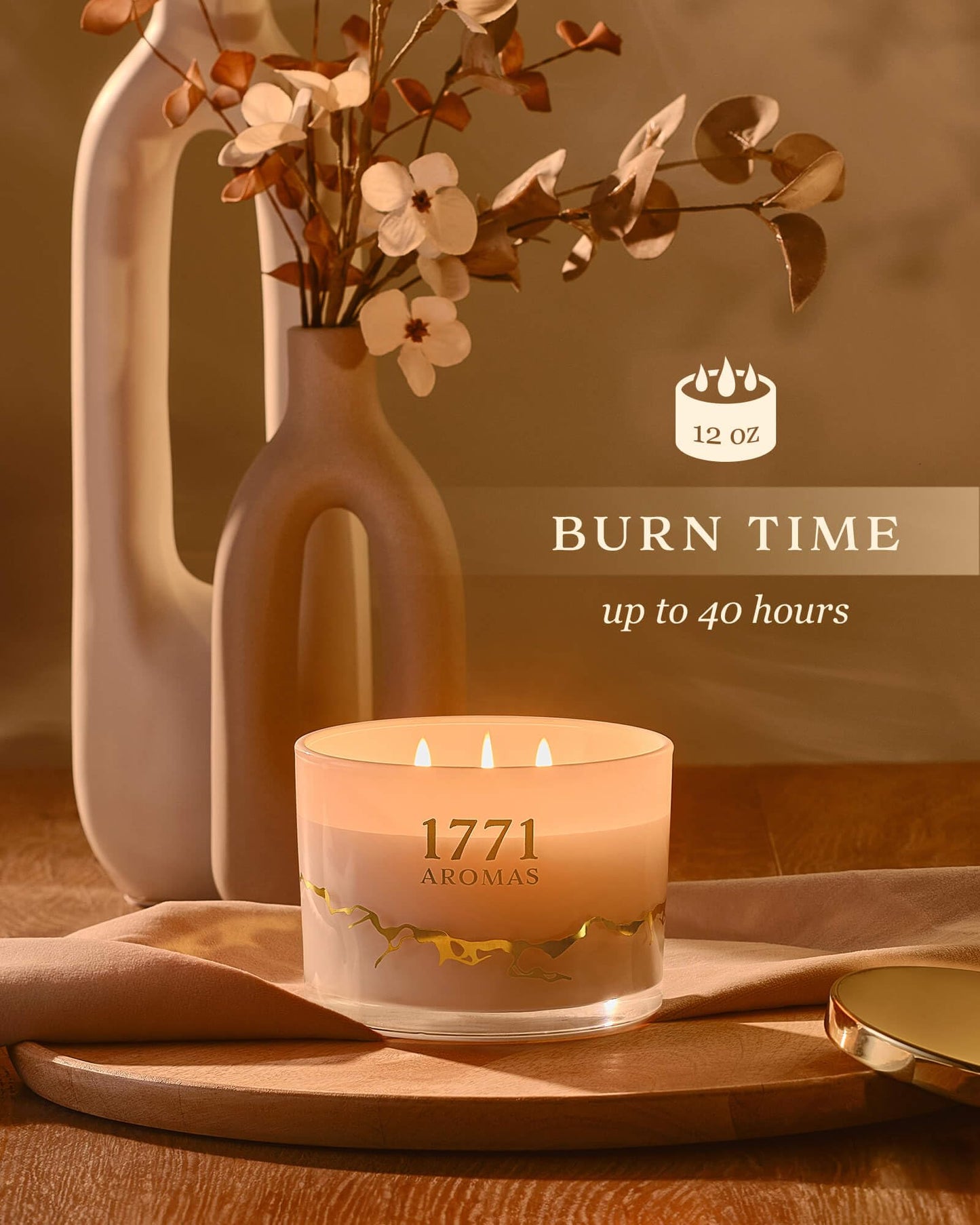 1771 Aromas Vanilla Scented Candles - 100% Natural Soy Wax - Large 3 Wick Jar Candle - Up to 50 Hours Burning Time - Candles for Home - Gift-Ready Candle for Men & Women - Aromatherapy Candles