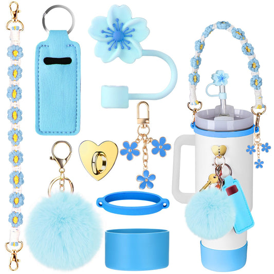 Mity rain Cup Accessories for Stanley Cup 30oz 40oz Tumbler with Handle, Including Water Bottle Handle Strap, Chapstick Holder, Boot, Keychain Charms, Straw Topper Cover Cap for Stanley (Blue)