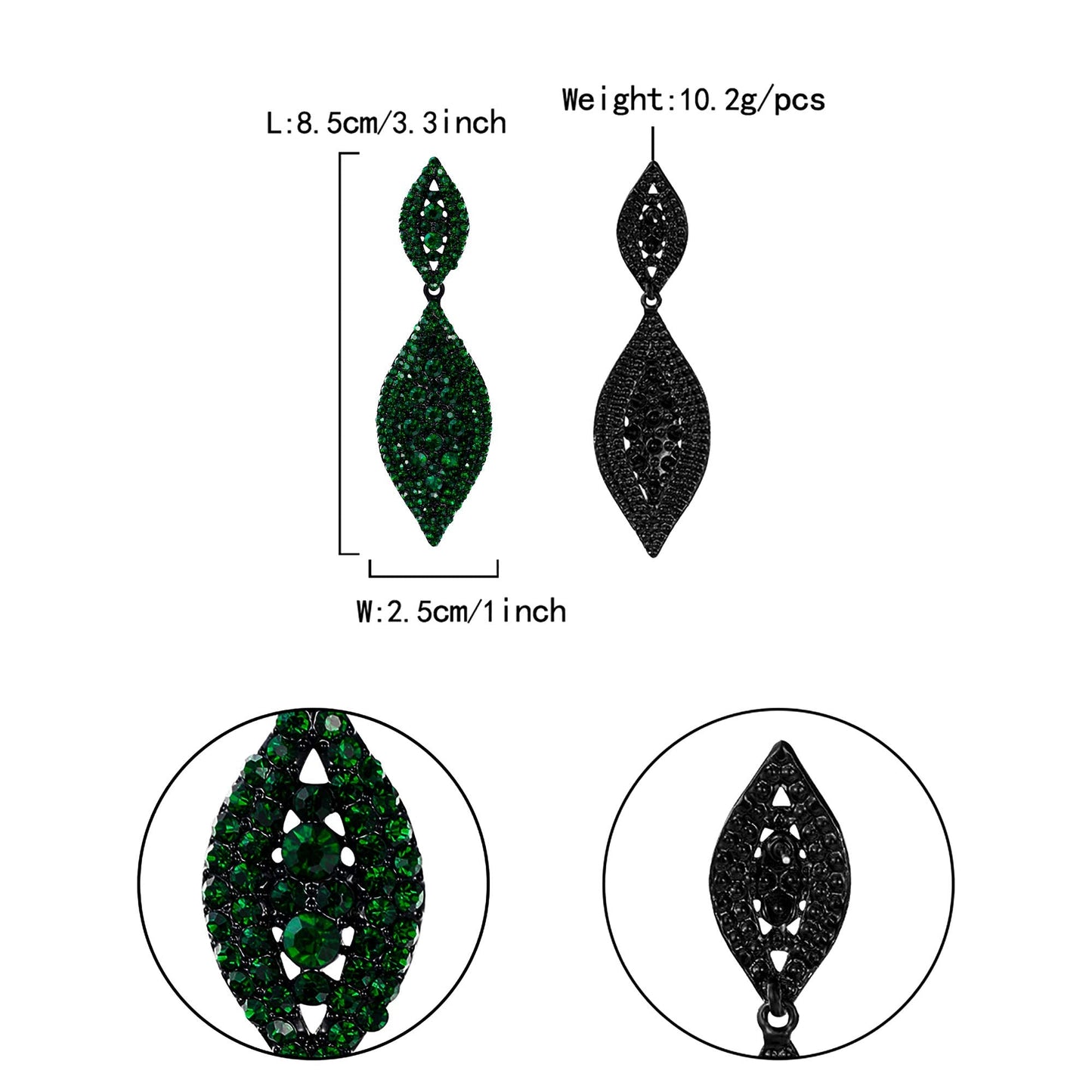 Flyonce Women's Rhinestone Crystal Wedding Bridal 2 Leaf Drop Dangle Chandelier Earrings Large Big Costume Statement Earring Green Black-Tone 3.3"