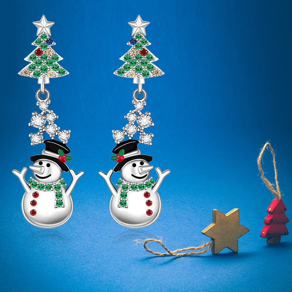 Christmas Tree Snowman Earrings for Women Sterling Silver Tree with Star Holiday Dangle Drop Earrings Colorful CZ Xmas Gifts
