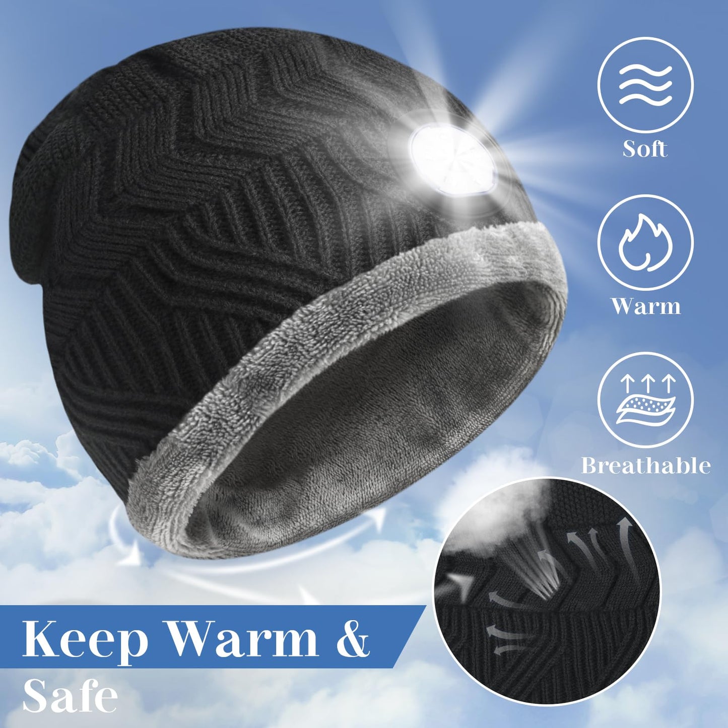 HIGHEVER LED Beanie Hat with Light: Christmas Stocking Stuffers for Men Adult Winter Gift Dark Black