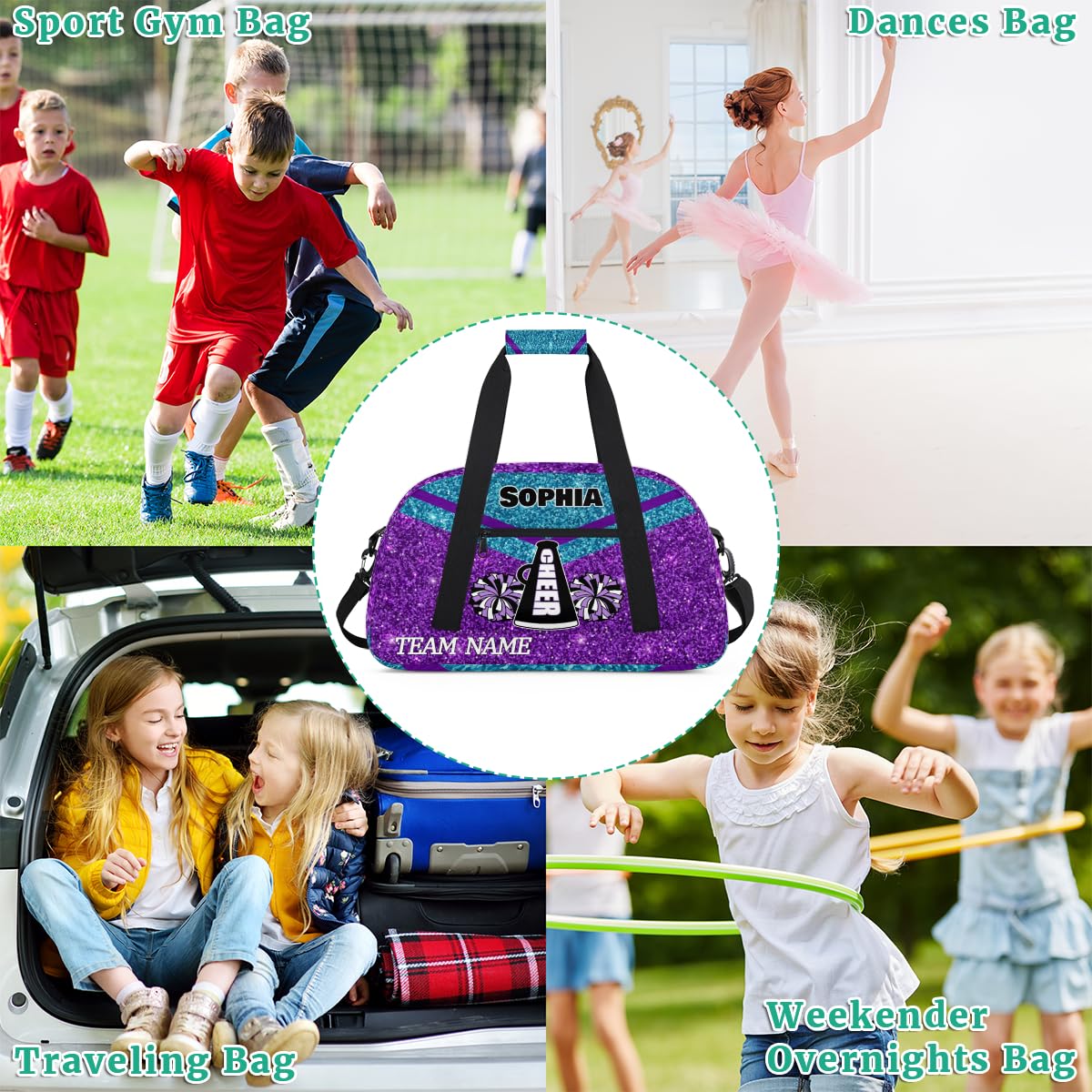 Voloreju Personalized Name Glitter Cheer Bags for Girls Boy Customize Travel Duffle Bag Foldable Sports Bag Kids Gym Bag