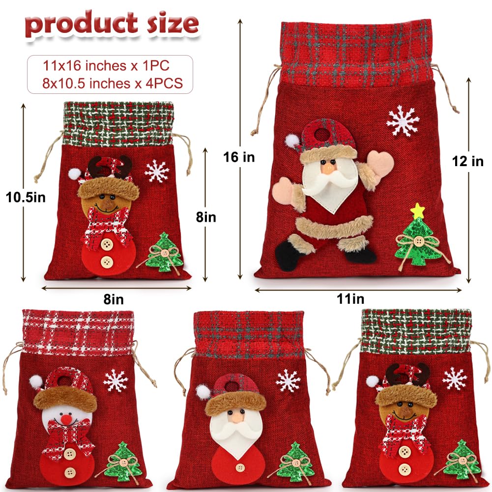 HRX Package 3D Christmas Gift Bags, 16x11 10.5x8 inch Xmas Drawstring Wrapping Bags Pouches for Holiday Goodie, Presents, Stocking Stuffers (5pcs)