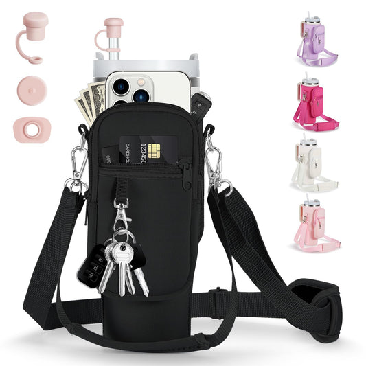 linmaya Water Bottle Carrier Bag with Phone Pocket for Stanley 40/30 oz Tumbler Neoprene Water Bottle Holder Pouch with 2 Adjustable Strap & 3 Leak Stoppers for Stanley Cup Accessories