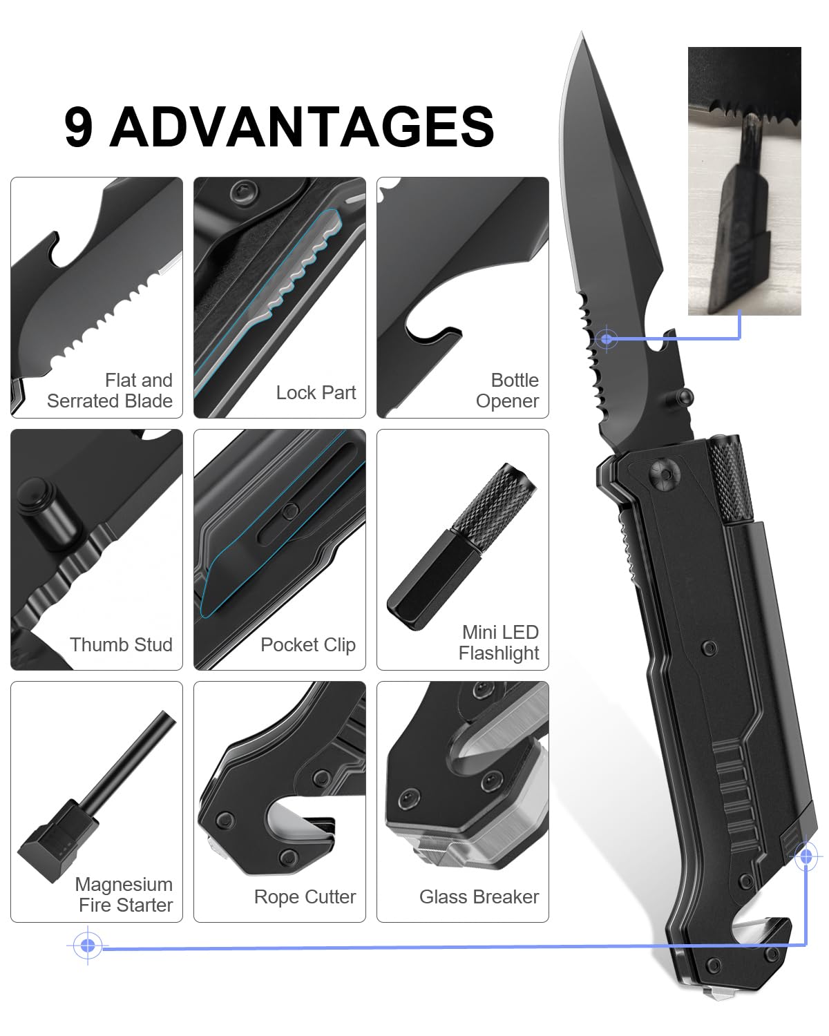 Hunting Knife Survival Gear with Built-in fixed lock, Multi Tool with Case and Fire Starter for Camping Hiking Hunting Fishing Outdoor