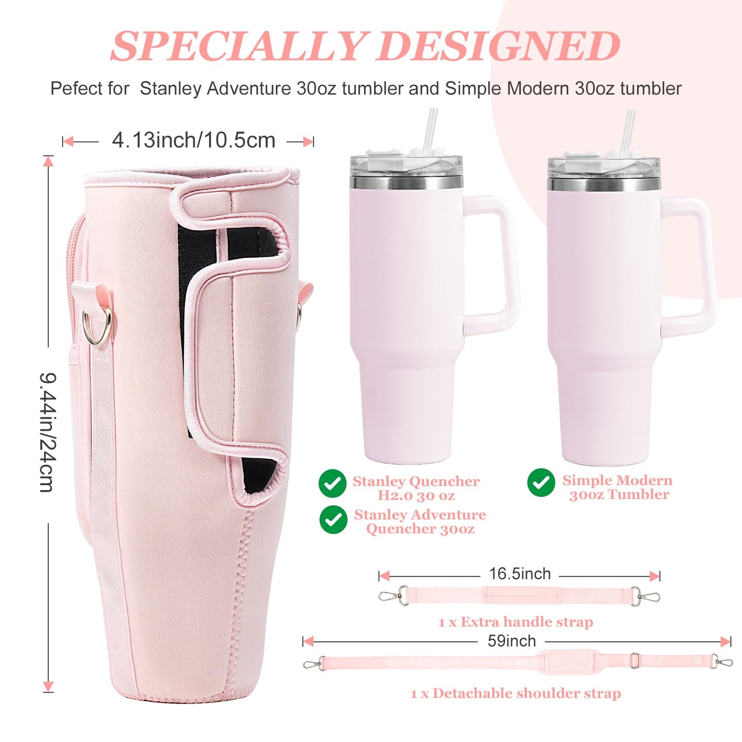 PRAGATISM Water Bottle Holder with Strap Pouch and Handle fits for Stanley 30 oz Tumbler, Water Bottle Carrier Bag with 4.9FT Strap, Bottle Pouch for Stanley Cup Accessories