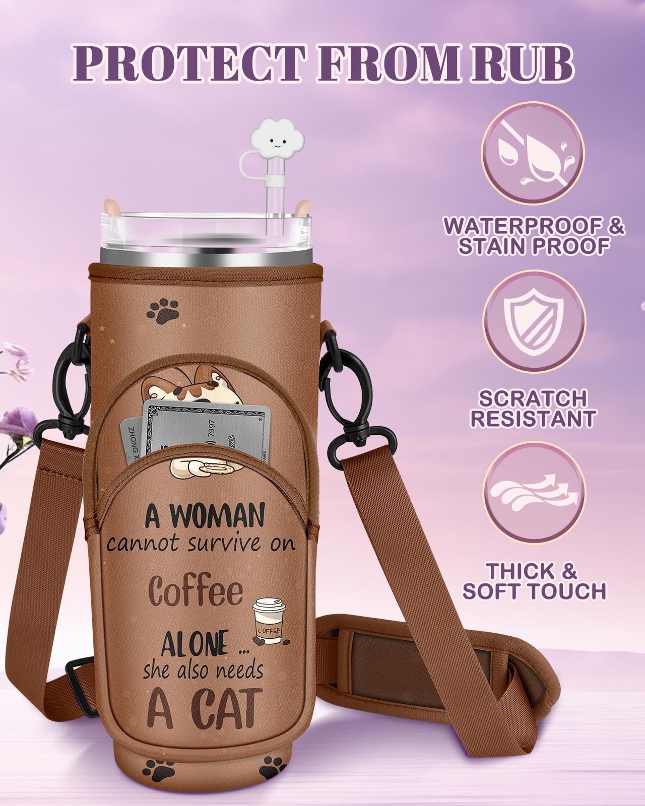 Toykee Water Bottle Holder Carrier Bag for Stanley 40 OZ Tumbler with Strap Phone Pocket, Brown Wrap Around Drink Cup Purse Pouch with Straw Cover Cleaner Brush Accessories Coffee Cat Print