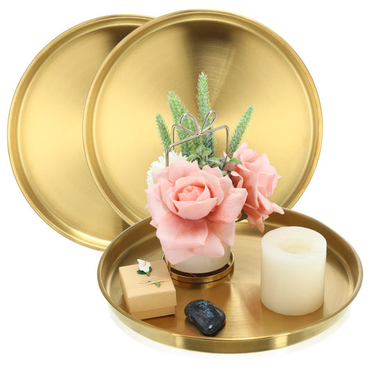 Thenshop 3 Pcs 12 Inch Gold Round Serving Tray Stainless Steel Circle Decorative Vanity Gold Plate Metal Jewelry Makeup Organizer Dishes for Gift Wedding Coffee Table Bathroom Dessert Christmas