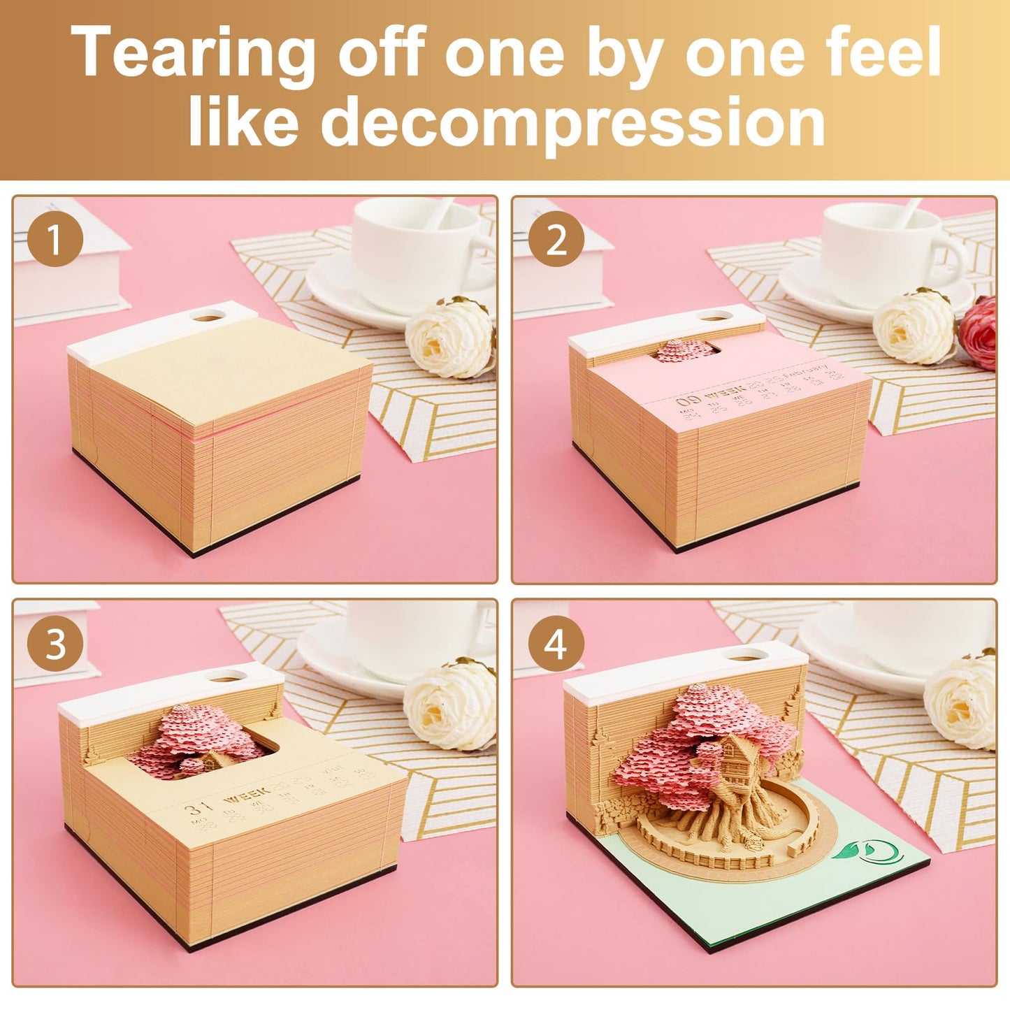 LAINIUTE 3D Art Calendar Memo Pad 2025, Desktop Decor with Light, Time Piece Calendar 2025, Weekly Tearable Paper Sculpture Calendar for Christmas Desktop Decoration (Pink Tree House Ornament)