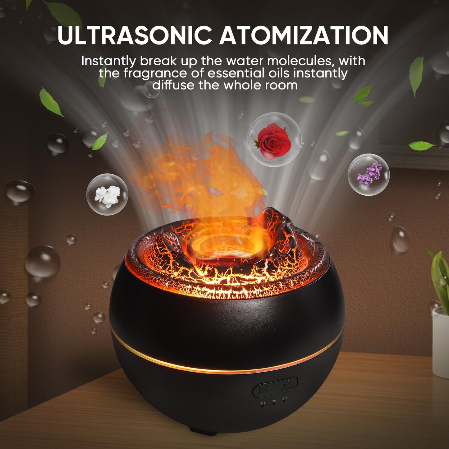 YALEDI Essential Oil Diffuser, Volcano Fire Flame Aromatherapy Diffuser, 360ml Ultrasonic Cool Mist Humidifier, Scent Aroma Diffuser with 7 Colors Light, Timer & Auto Shut-Off for Home, Room (Black)