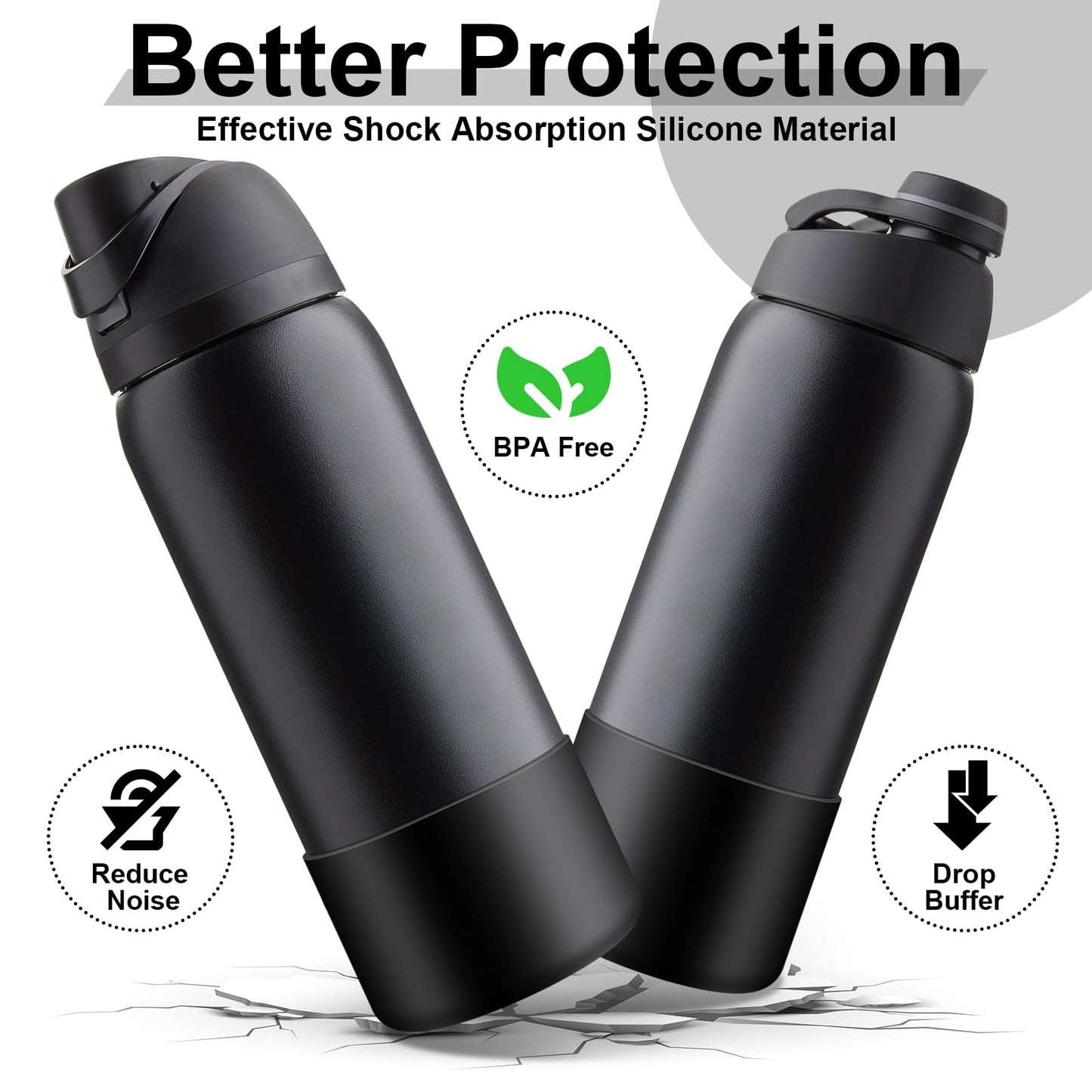Comheral 2PCS Silicone Water Bottle Boot for Owala 40oz, Anti-Slip Protective Sleeve Bottom Bumper for FreeSip, Twist, and Flip Stainless Steel Bottles, Dishwasher Safe and BPA Free(Black)