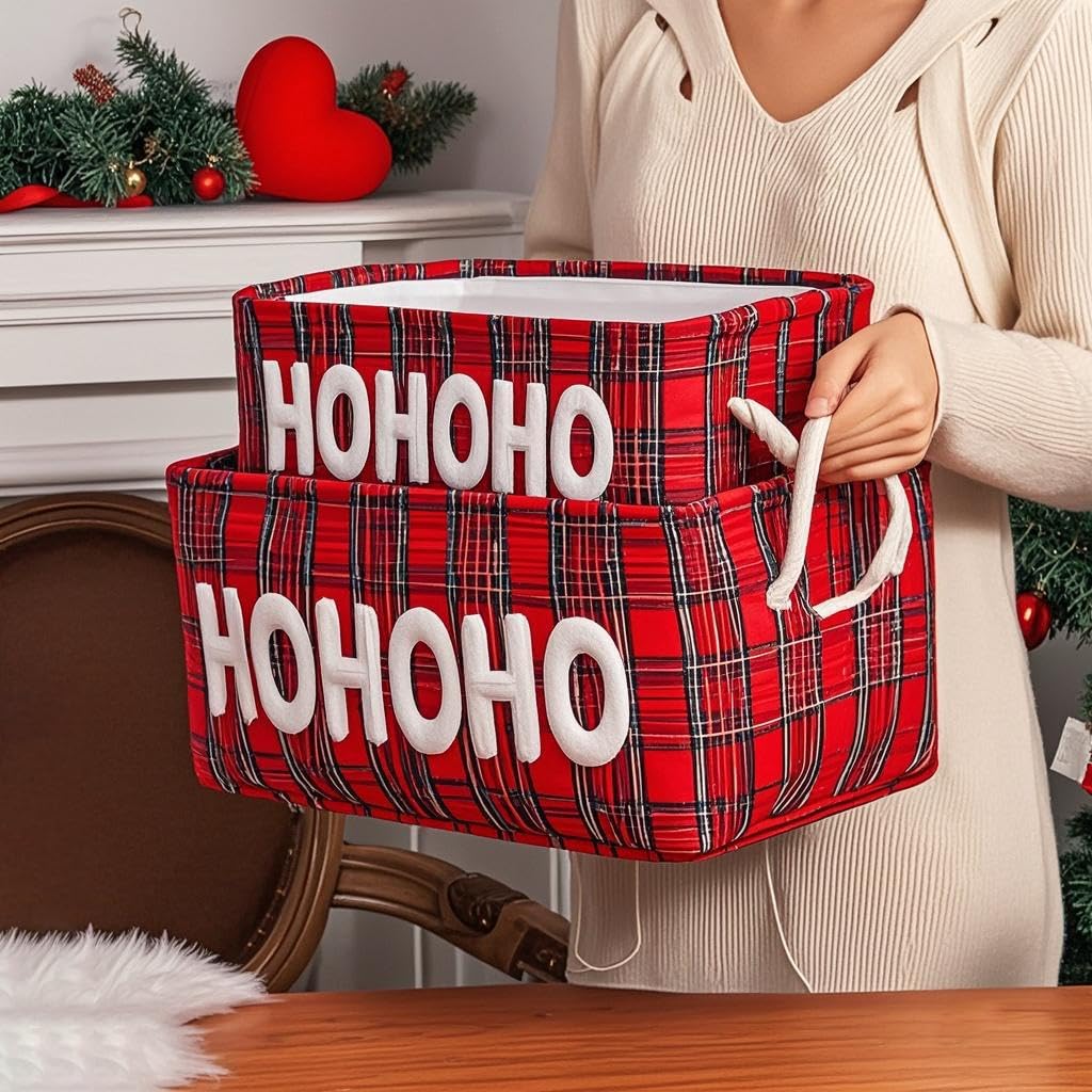 Christmas Gifts Baskets Empty Farmhouse Ornament Box Gift Storage Canvas Organizer Bin for Holiday Storage Organizing Xmas Gifts Baskets for Nursery/Living room, Kids Toy Chest, Large