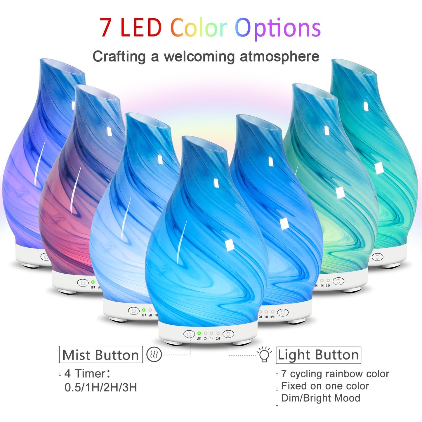 Art Glass Essential Oil Diffuser 120ml - Aromatherapy Diffuser with 7 Color Changing Lights & 4 Timer Settings, Cool Mist Humidifier for Home, Office, Gift for Women, Mom