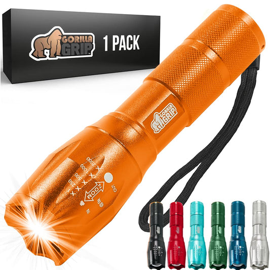 Gorilla Grip Powerful LED 750 FT Water Resistant 5 Adjustable Mode Tactical Flashlight, High Lumens Ultra Bright Battery Life Zoom Flashlights, Small Camping Car Mini Flash Light Accessories, Orange