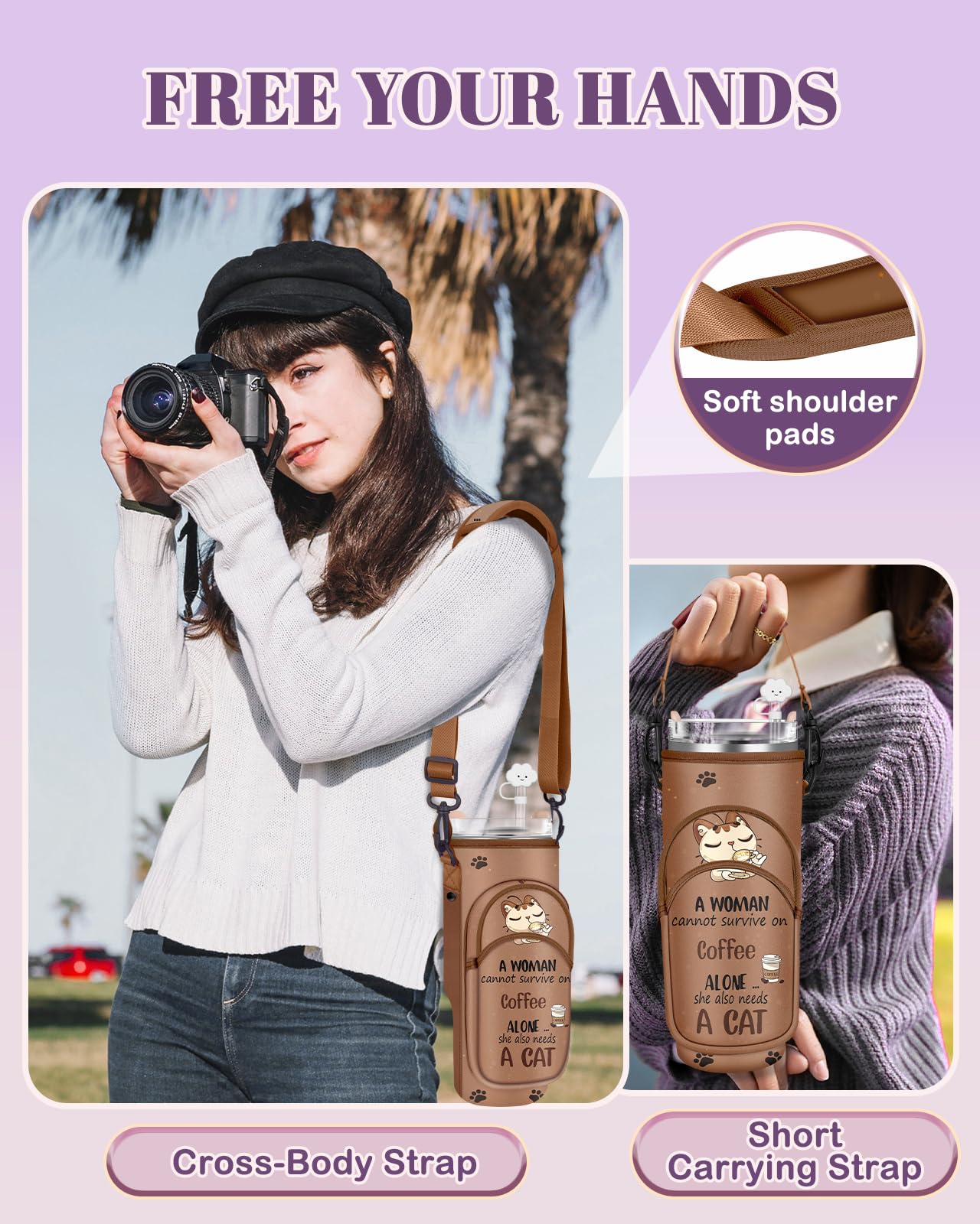 Toykee Water Bottle Holder Carrier Bag for Stanley 40 OZ Tumbler with Strap Phone Pocket, Brown Wrap Around Drink Cup Purse Pouch with Straw Cover Cleaner Brush Accessories Coffee Cat Print