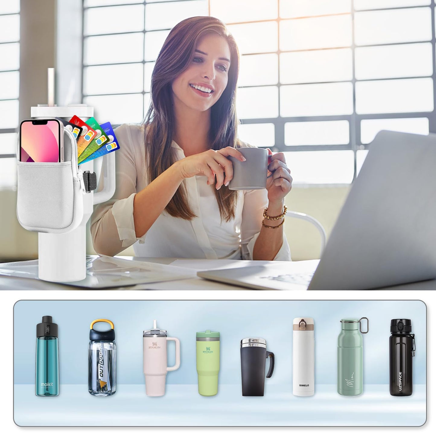 Multifunctional Water Bottle Pouch for Stanley Cups with Adjustable Strap, Gym Accessories for Women, Sports Water Bottle Accessories, Tumbler Pouch for Cards, Keys, Wallet, Earphone, etc