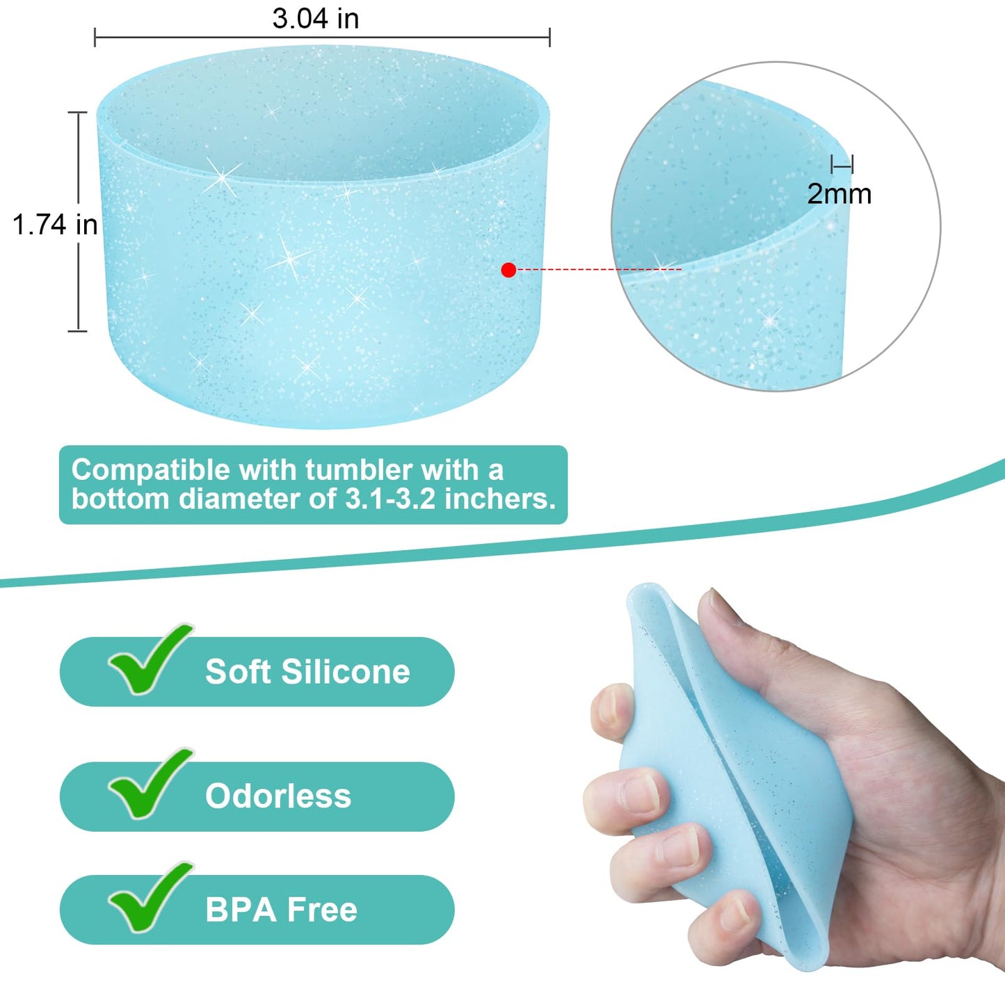 Upgrade 2PCS Protective Silicone Boot Bumper for Stanley Quencher Adventure 40oz 30oz IceFlow 20oz 30oz Tumbler, Water Bottle Bottom Sleeve Cover Accessories for Stanley Mug Cup(Glitter Blue)