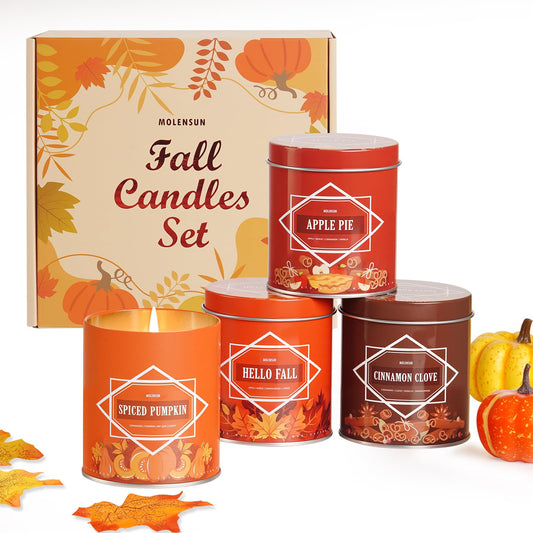 Fall Scented Candles Gift Set – 4 Pack of 9Oz Soy Candles, Autumn Fragrances (Pumpkin Spice, Apple Pie, Hello Fall, Cinnamon Clove), Holiday Gifts for Women & Men