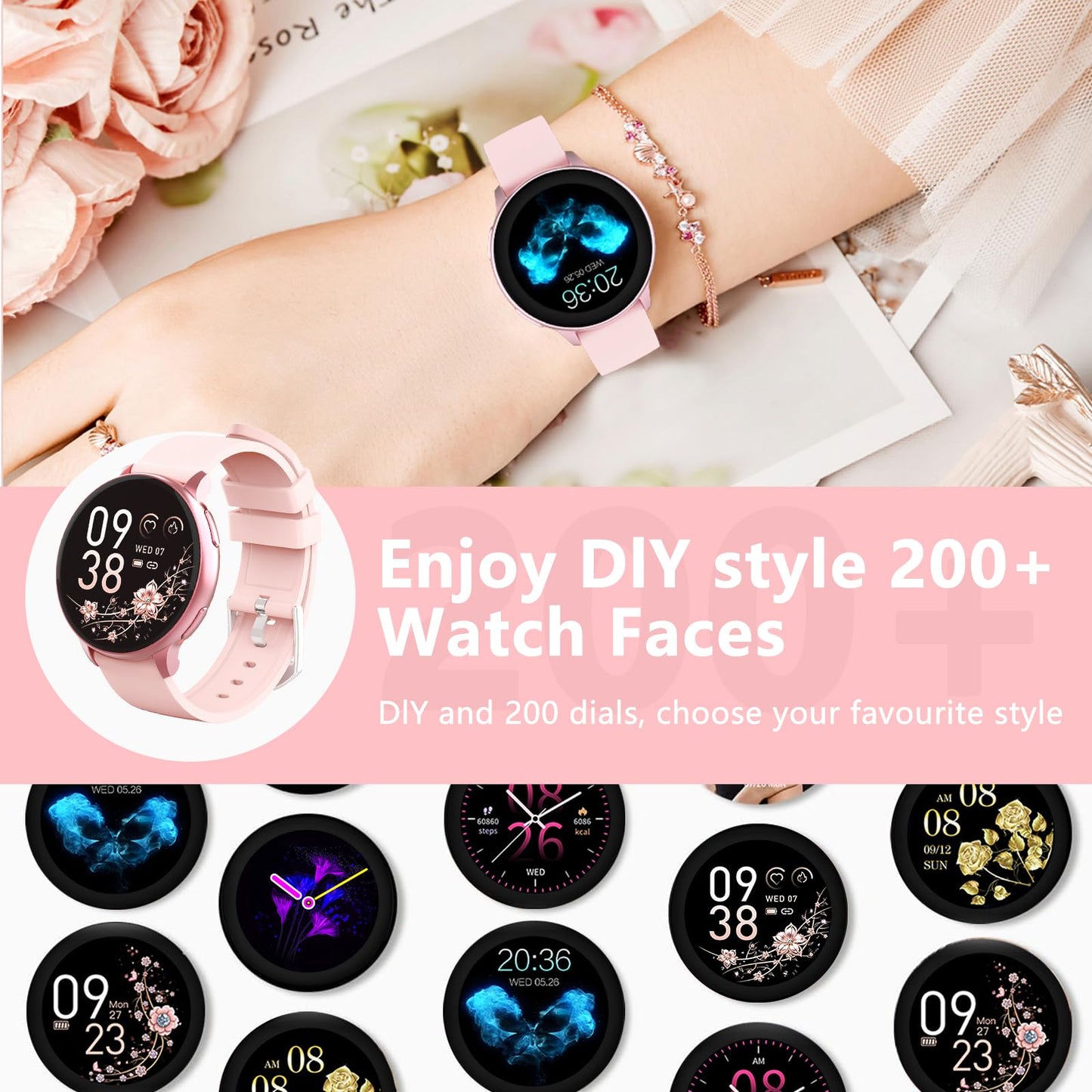 Blintok Smart Watch for Men Women Fitness Tracker with 100+ Sport Modes,Activity Trackers for iOS/Android Waterproof/Heart Rate/Sleep/Steps Monitor/Pedometer Monitor Monitor (Pink)