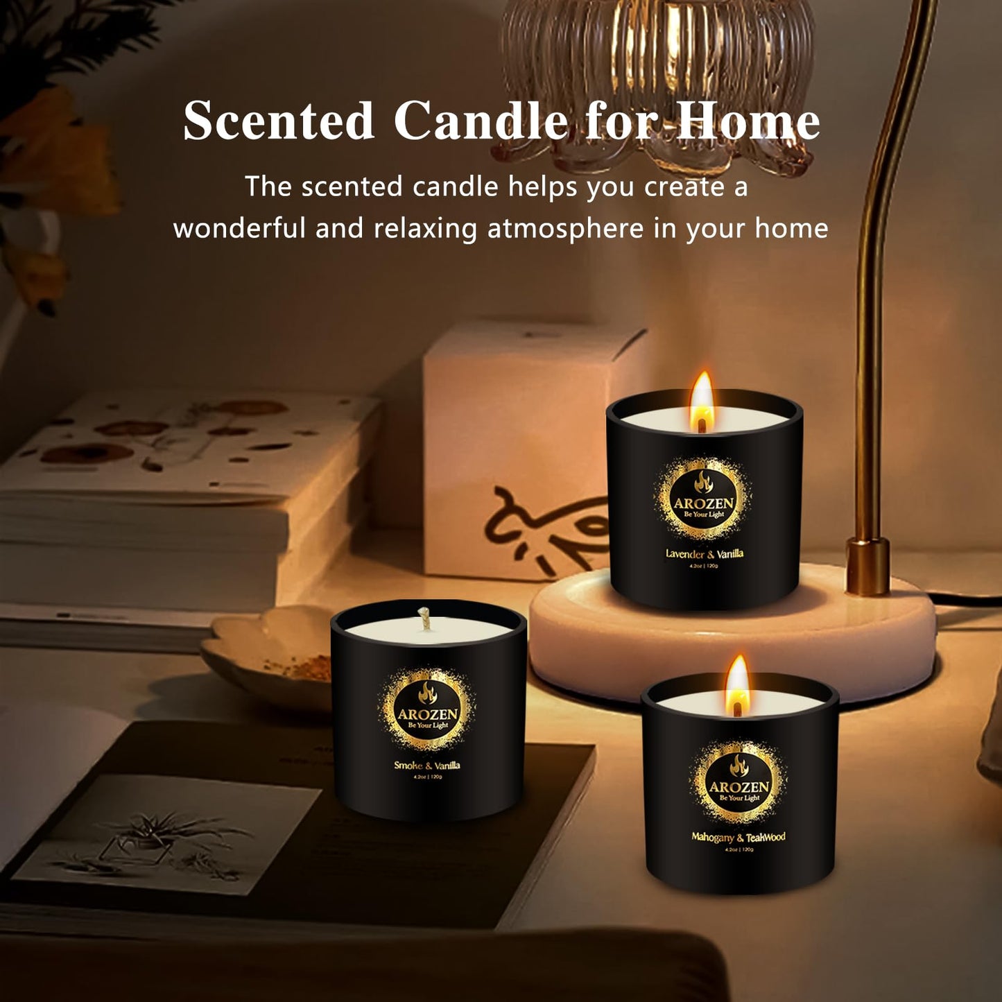 AROZEN 3 Pack Scented Candles Set | Men Candle Gift Set, Aromatherapy Scented Candles for Home, Gifts for Men Dad Fathers Day, Soy Candle of Lavender, Mahogany Teakwood & Smoke Vanilla,70H Burn Time