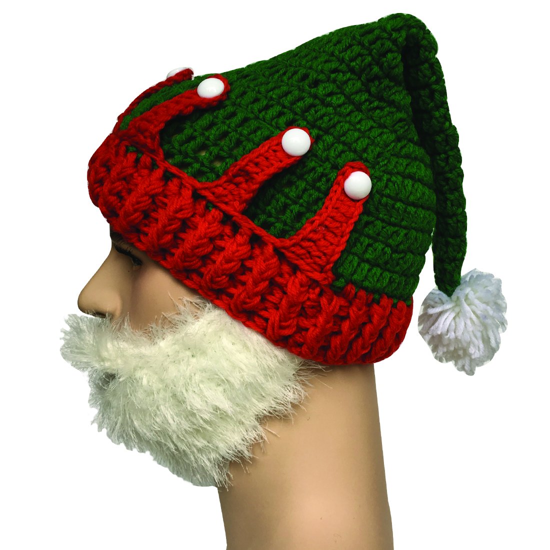 Kafeimali Unisex Christmas Winter Knitted Crochet Beanie Santa Hat with Beard Foldaway Bearded Caps (Red)