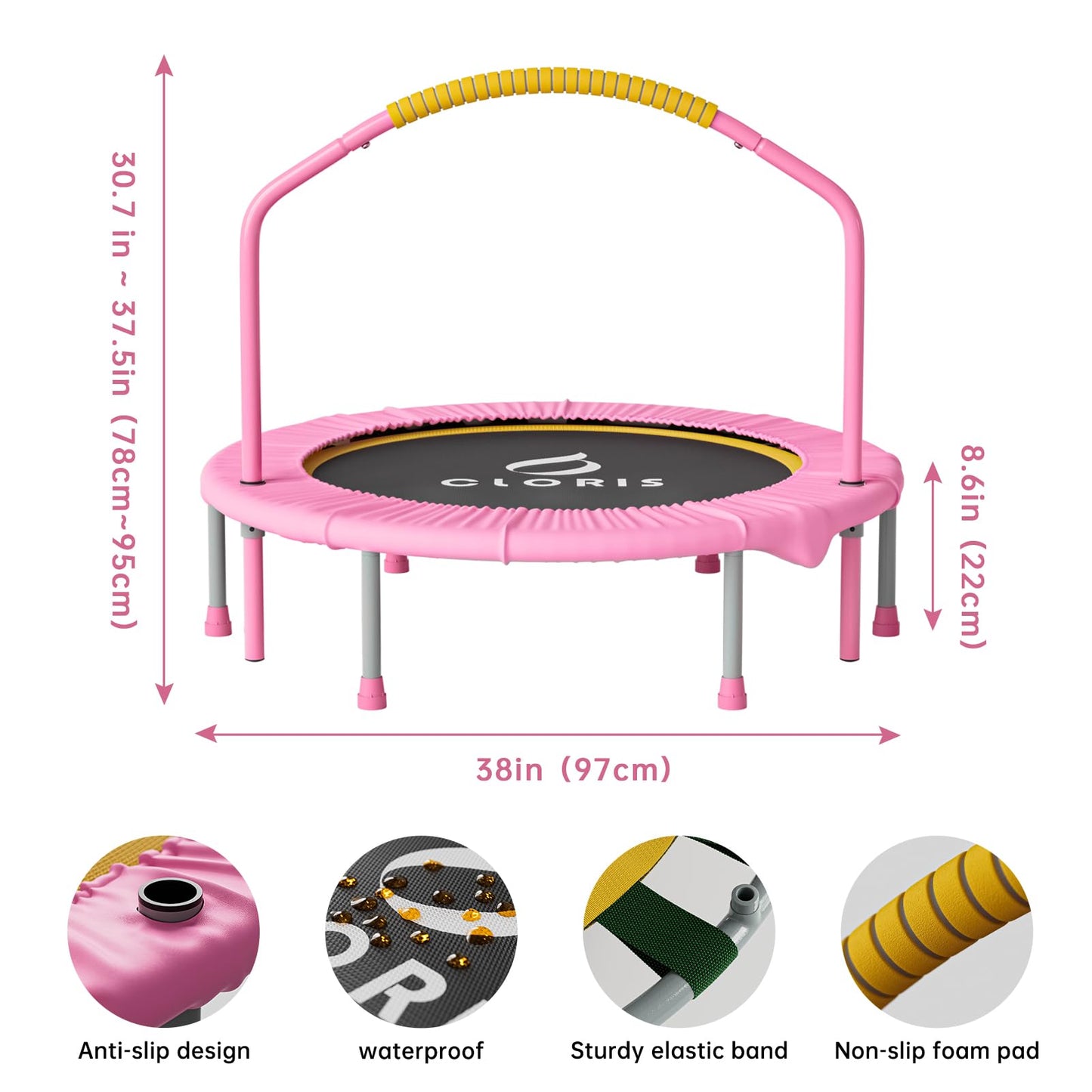 CLORIS 38in Folding Trampoline Mini Rebounder Fitness Trampoline with Adjustable Foam Handle for Kids/Adult, with safty Padded Cover Best Gift for Kids/Adult (38in-Pink)