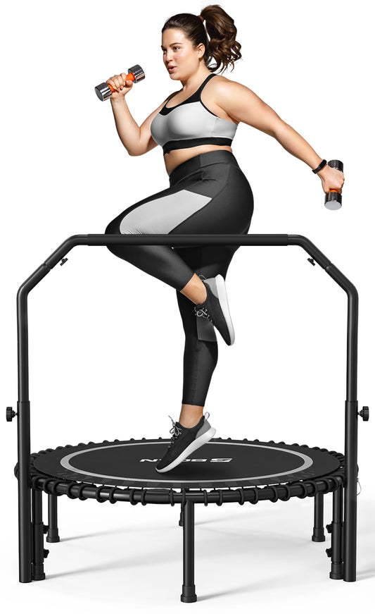 BCAN 450 LBS Foldable Mini Trampoline, 40" Fitness Trampoline with Adjustable Handle Bar, Bungees, Stable & Quiet Exercise Rebounder for Kids Adults Indoor/Garden Workout-Silver