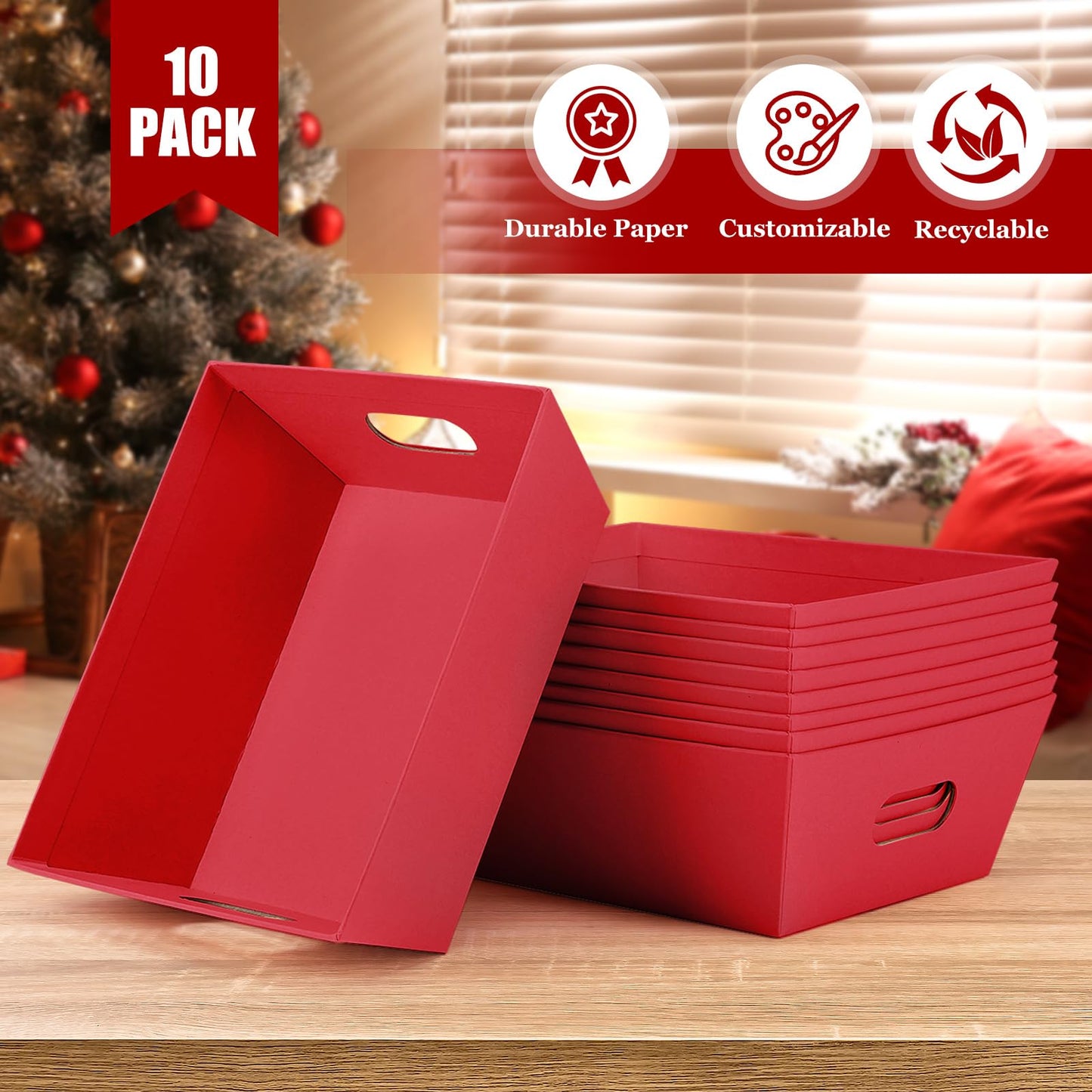 AFOROEOA 10PACK Baskets For Gifts Empty, 10 x 8”Thick Red Gift Basket with 10 Clear Gift Bags and 10 Pull Bows, Empty Gift Baskets for Christmas, Thanksgiving Wedding Birthday Party Wrapping Gift