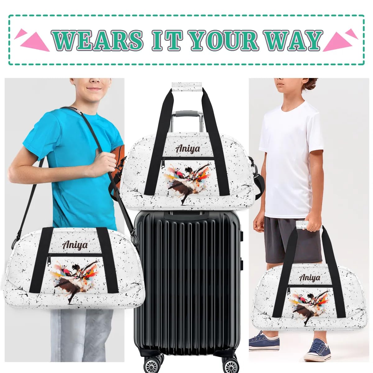 Personalized Gym Bag for Kids Girls, Black Girls Dance Custom Small Duffel Bag with Padded Handles Carry On Weekend Travel Bag for School Practice Ball Games